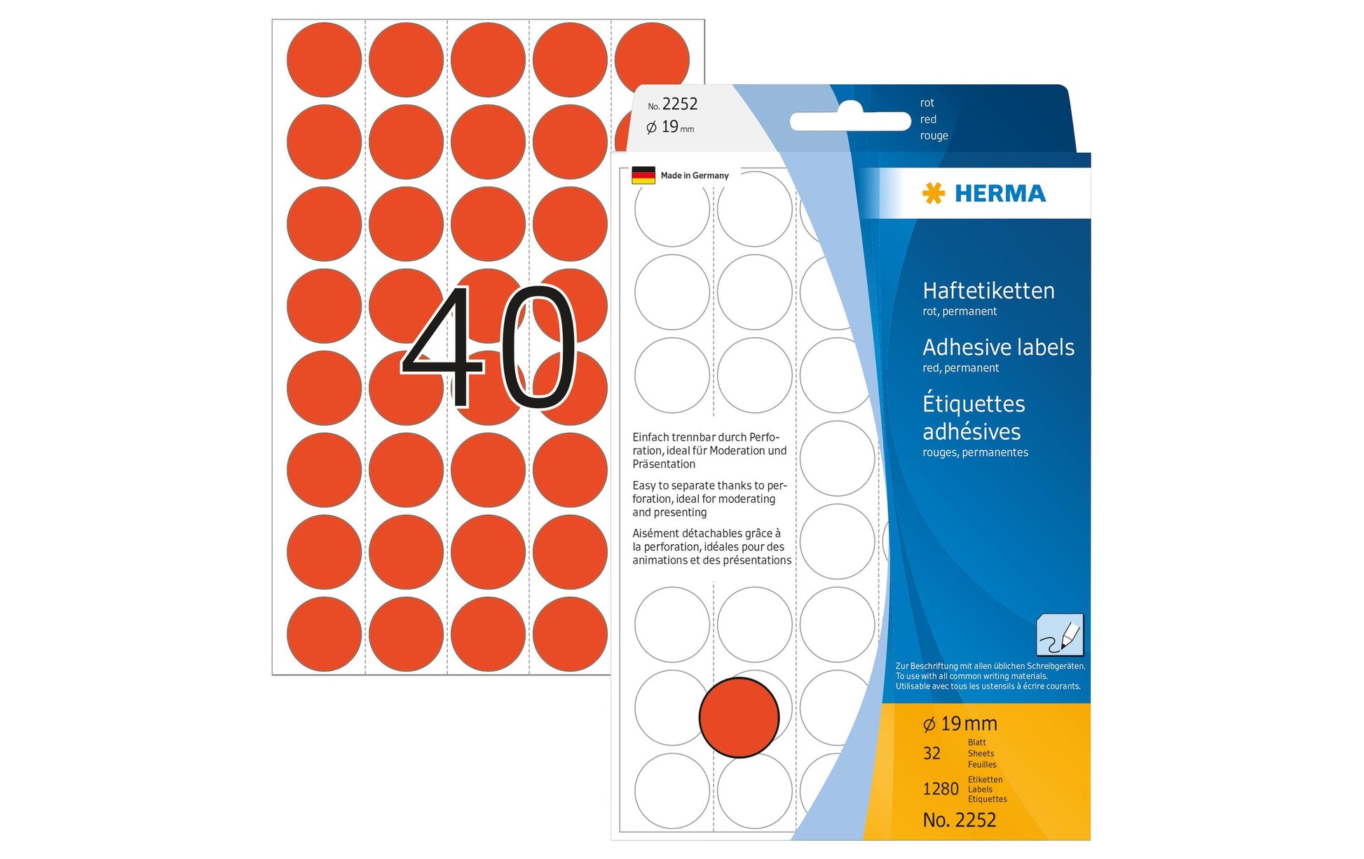 HERMA Haftetiketten – rund Ø 19 mm, permanent, rot, Bogen 111 × 170 mm, 32 Blatt (1'280 Stk.)
