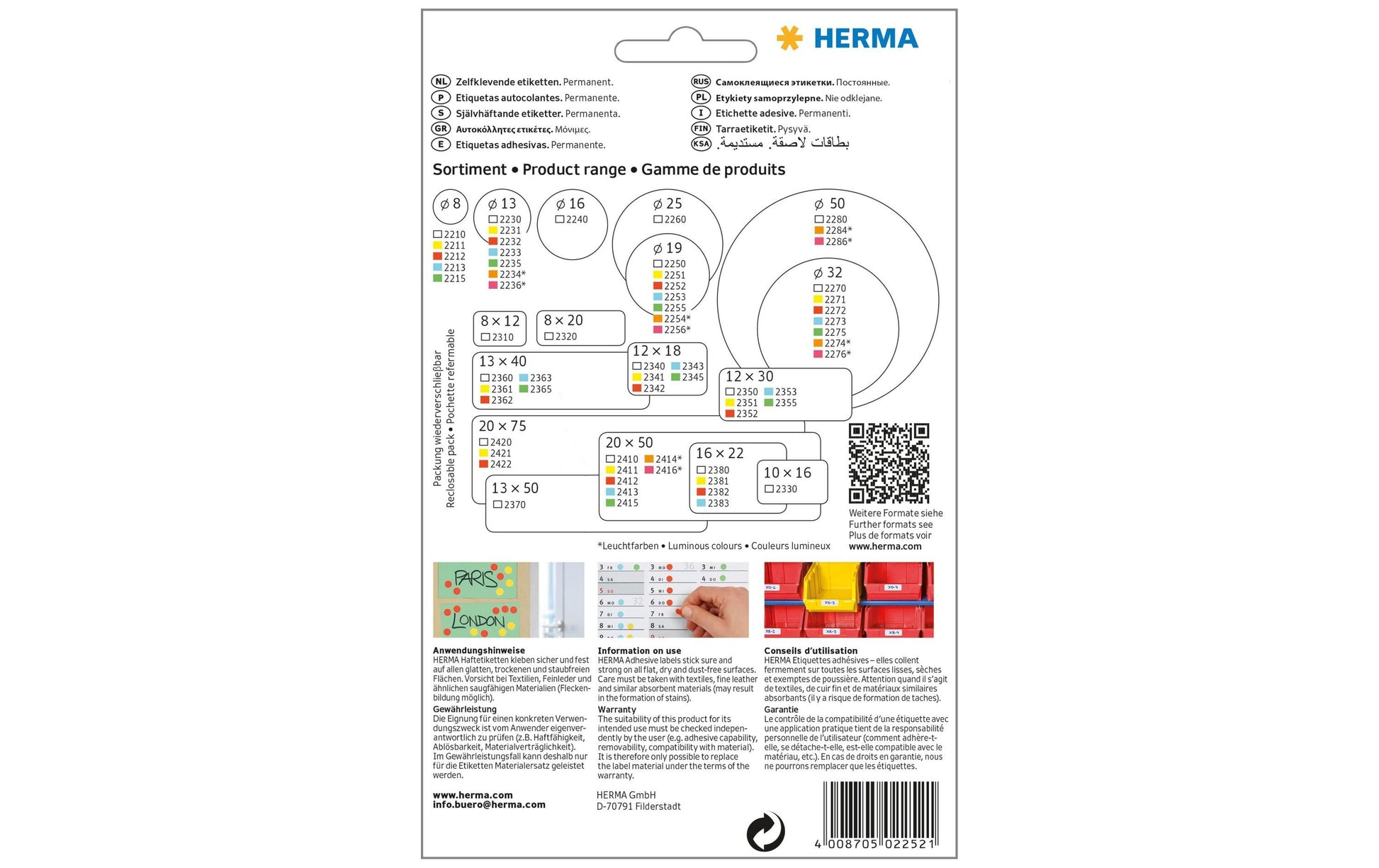 HERMA Haftetiketten – rund Ø 19 mm, permanent, rot, Bogen 111 × 170 mm, 32 Blatt (1'280 Stk.)