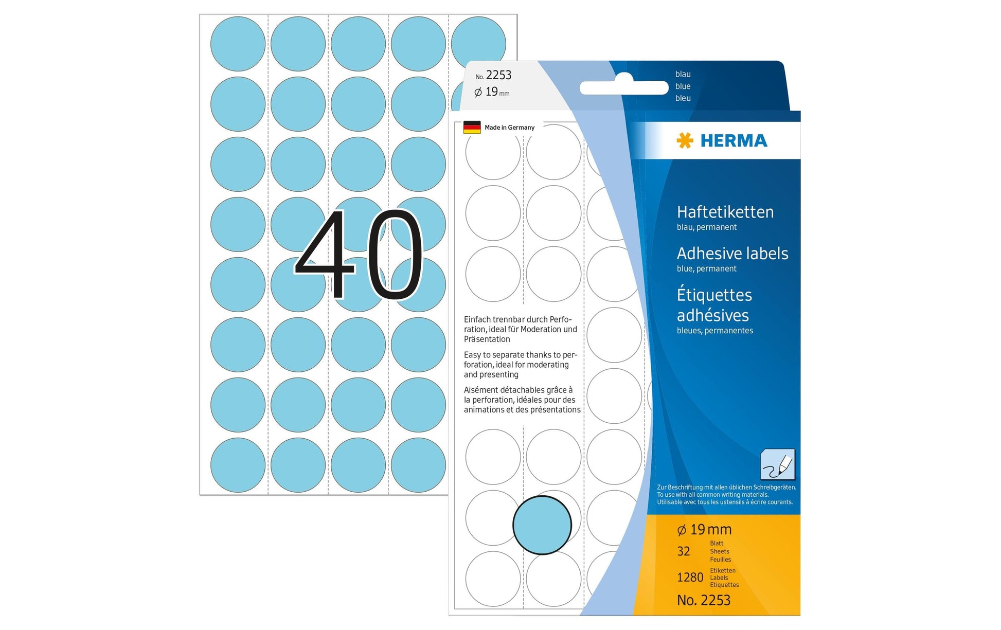 HERMA Haftetiketten – rund Ø 19 mm, permanent, blau, 111 × 170 mm, 32 Blätter (1'280 Stk.)