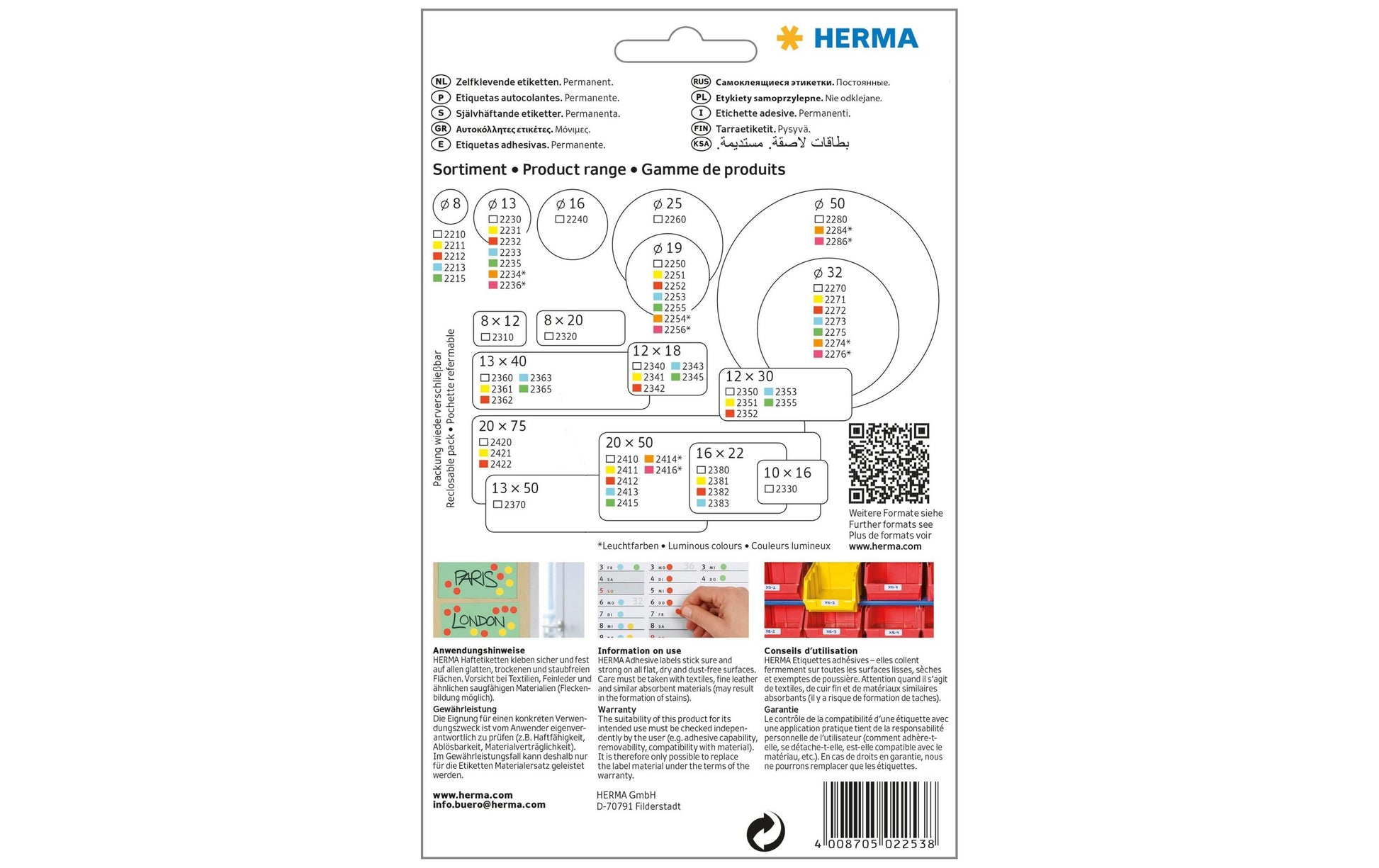 HERMA Haftetiketten – rund Ø 19 mm, permanent, blau, 111 × 170 mm, 32 Blätter (1'280 Stk.)