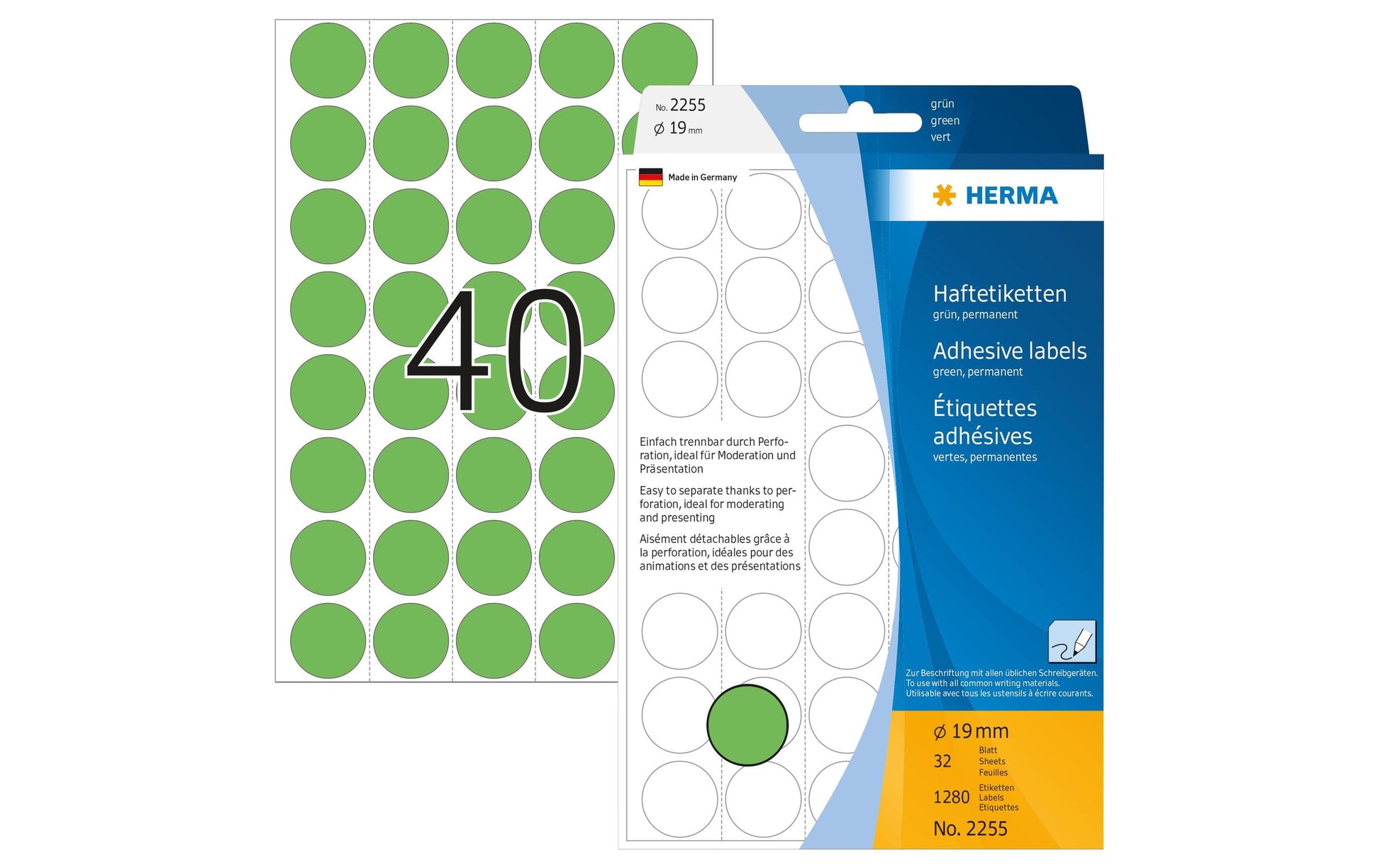 HERMA Haftetiketten – rund Ø 19 mm, permanent, grün, perforiert, 32 Blatt (1'280 Stk.)