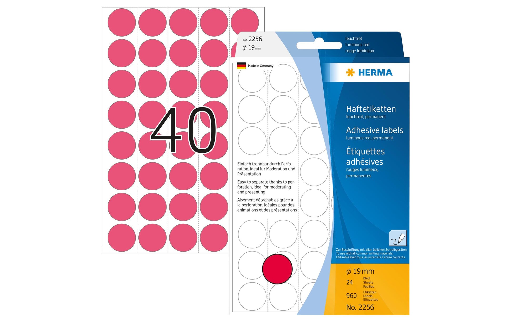 HERMA Schmucketiketten – Motiv einfarbig leuchtrot – Papier, 960 Stk, 24 Bogen, Ø 19 mm, permanent haftend