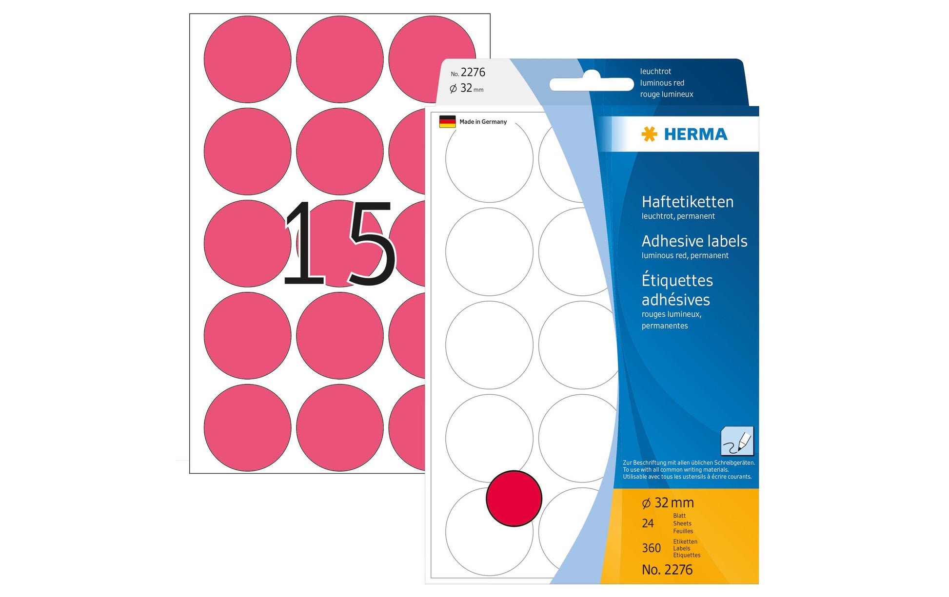 HERMA Schuletiketten – Ø 32 mm, rund, 360 Stk, 24 Bogen, 111 × 170 mm, Papier, permanent haftend