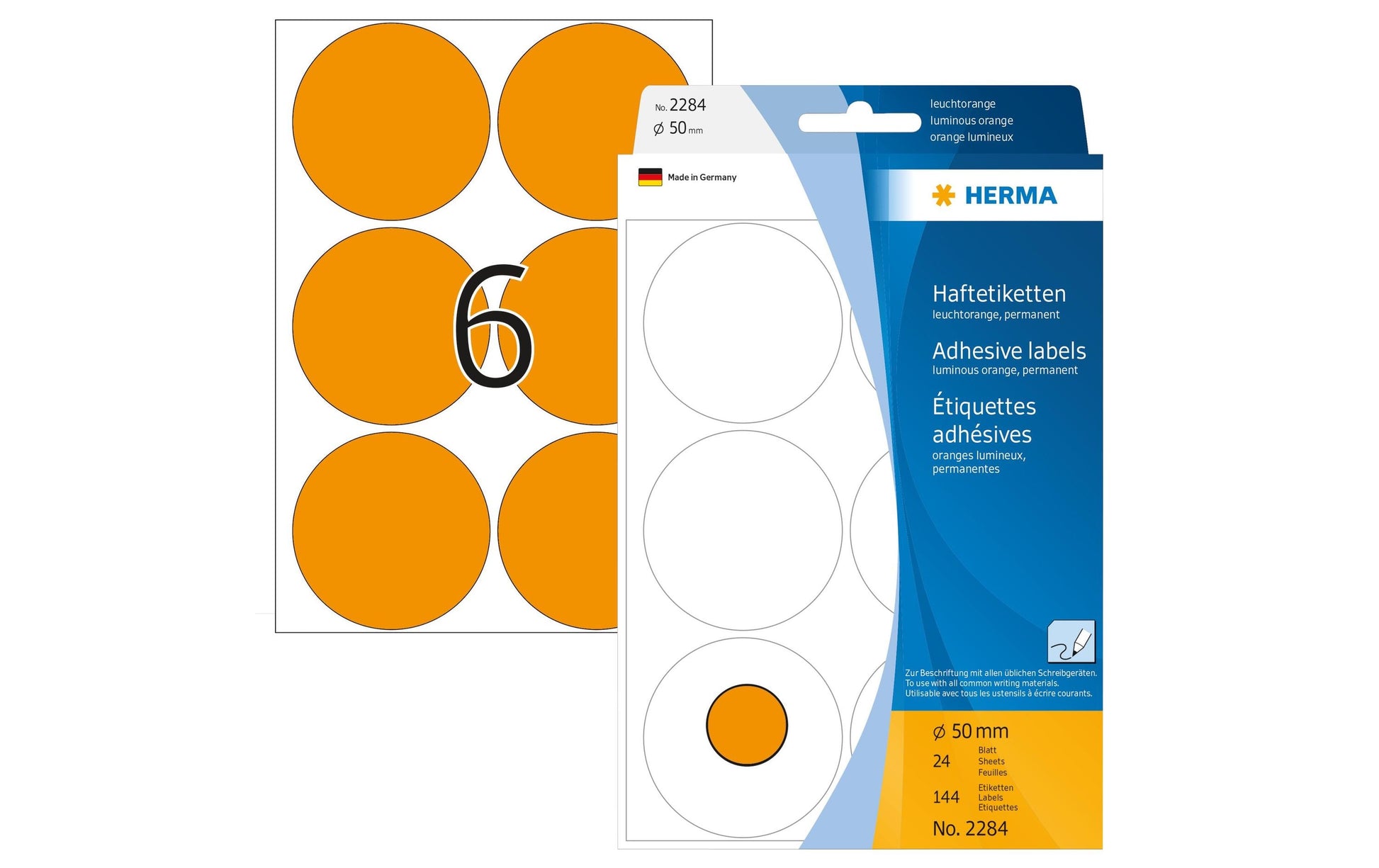 HERMA Schmucketiketten – Motiv Leuchtorange – Papier, 144 Stk, 24 Bogen, Ø 50 mm, permanent haftend