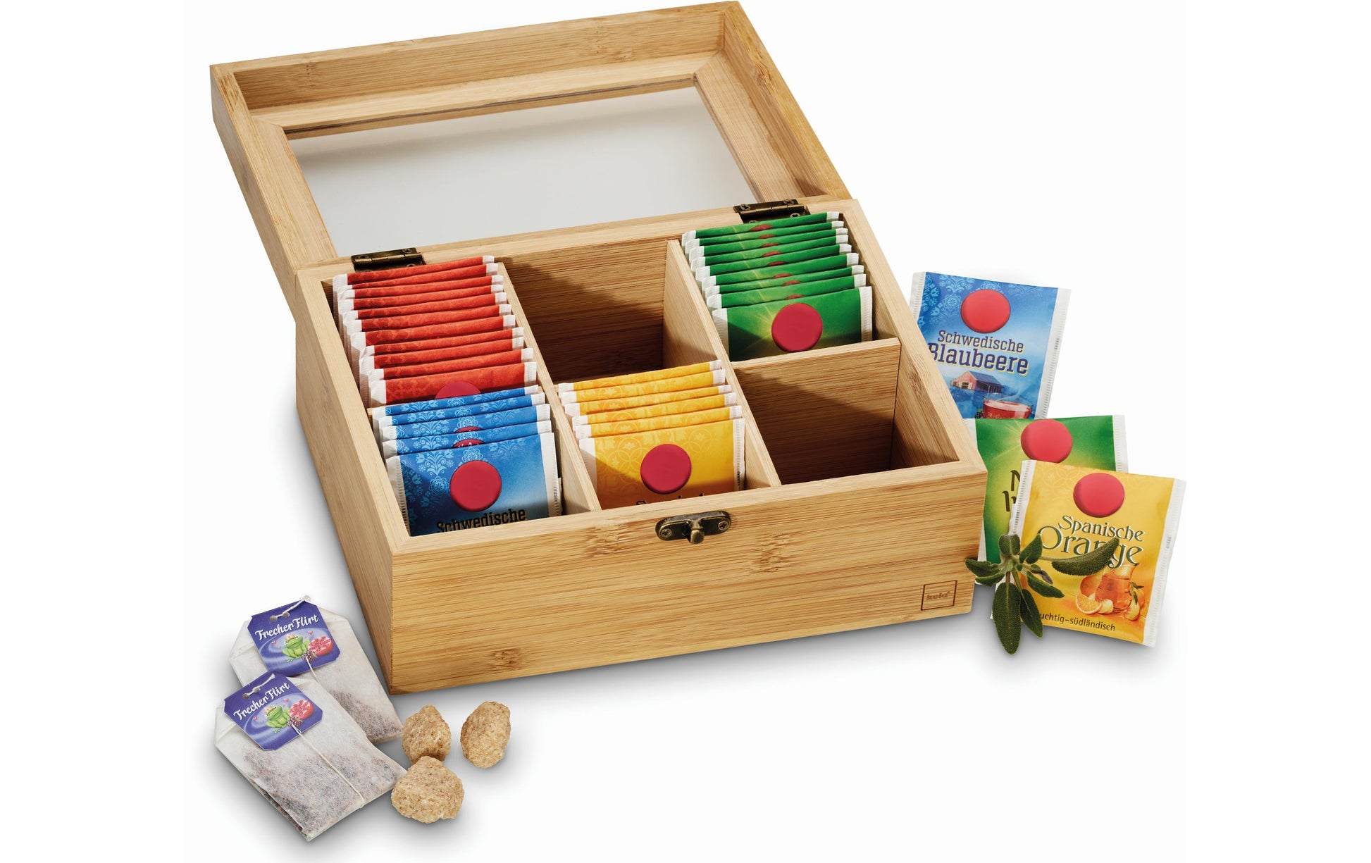 Kela Noa – Teebeutelbox Bambus/Kunststoff, 6 Fächer, 21 × 16 × 9 cm, Hellbraun