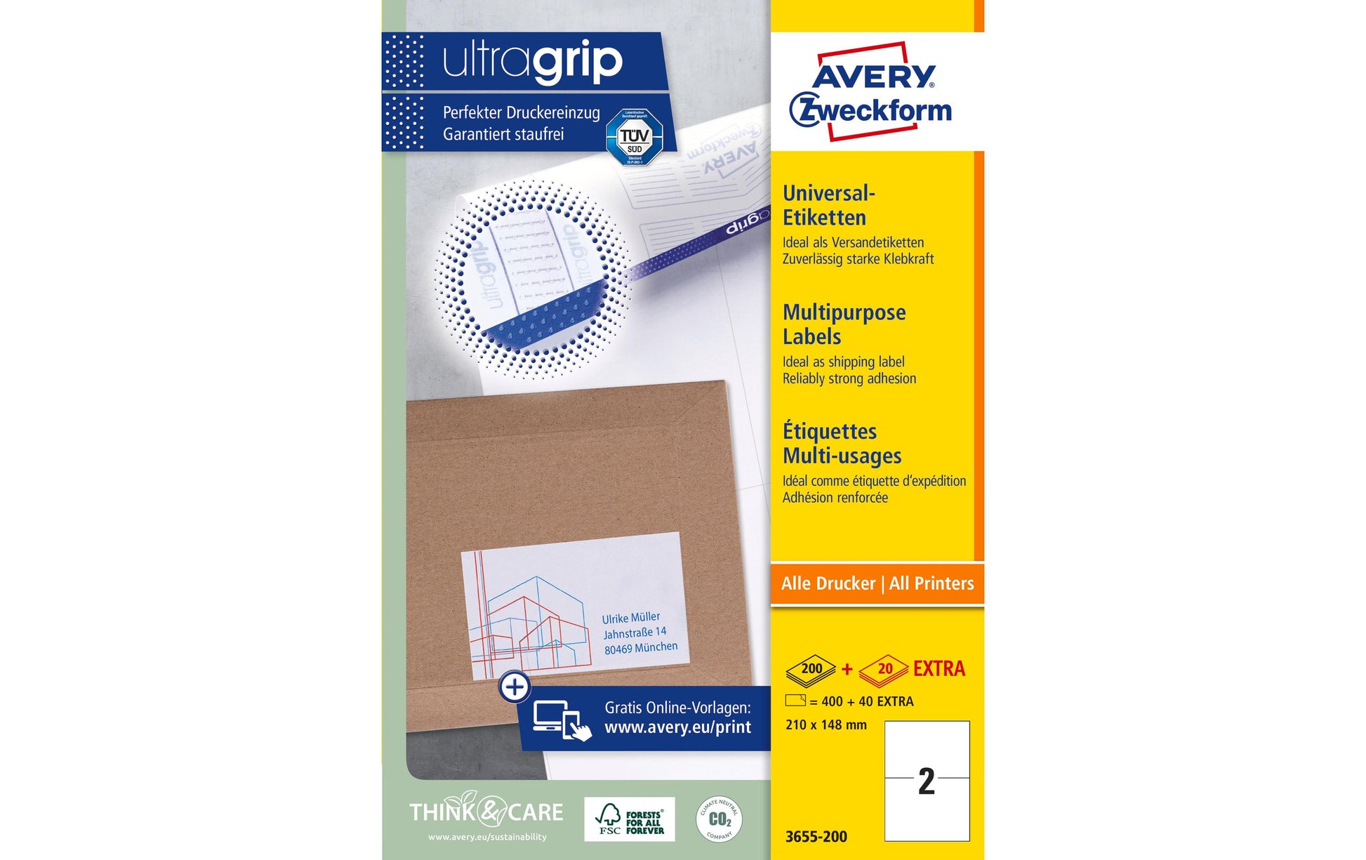 Avery Druckeretiketten, 210 mm × 148 mm, weiss, Papier, permanent, 220 Blatt (440 Etiketten)