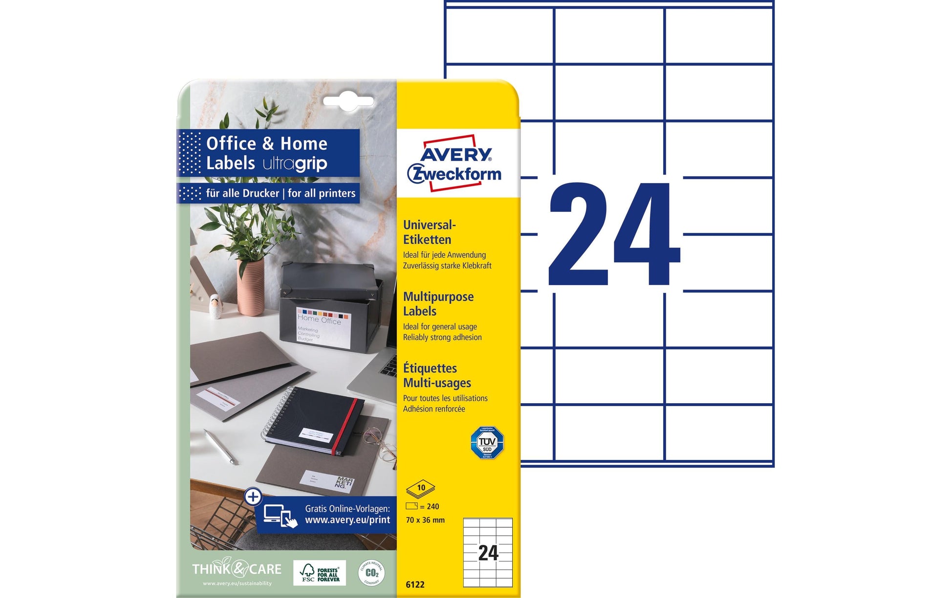 Avery Druckeretiketten, 70 mm × 36 mm, weiss, Papier, permanent, 10 Blätter (240 Etiketten)