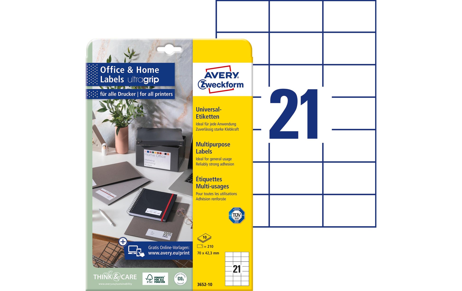 AVERY Zweckform 3652-10 – Etiketten A4 70 × 42 mm – Papier, weiss – permanent haftend – Laser/Inkjet