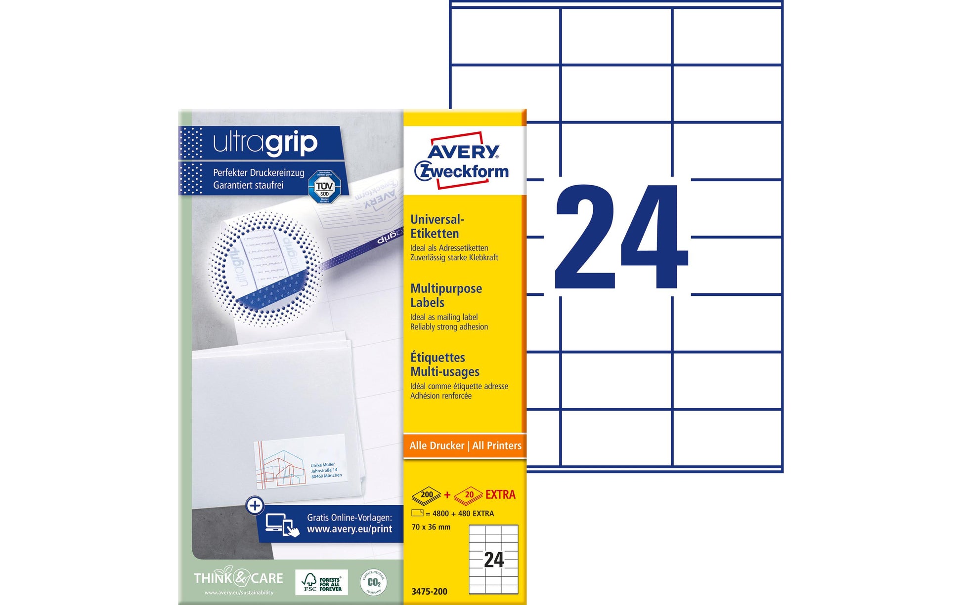 Avery Etiketten, 70 mm × 36 mm, weiss, Papier, permanent, 5280 Etiketten (220 Blatt)