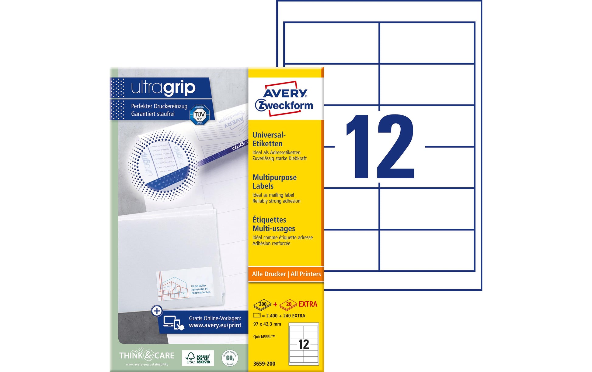 Avery Etiketten, 97 mm × 42 mm, weiss, Papier, permanent, 220 Blatt (2640 Etiketten)
