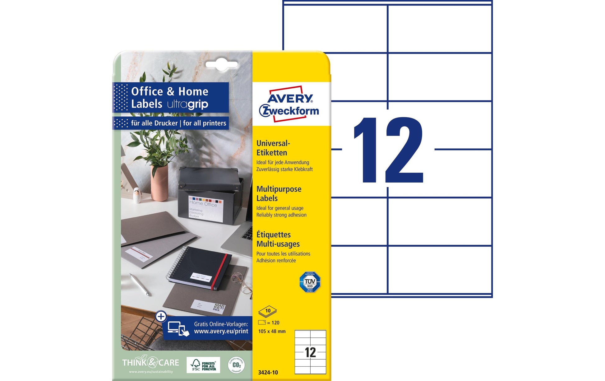Avery Druckeretiketten, 105 mm × 48 mm, weiss, Papier, permanent, 120 Etiketten (10 Blatt)