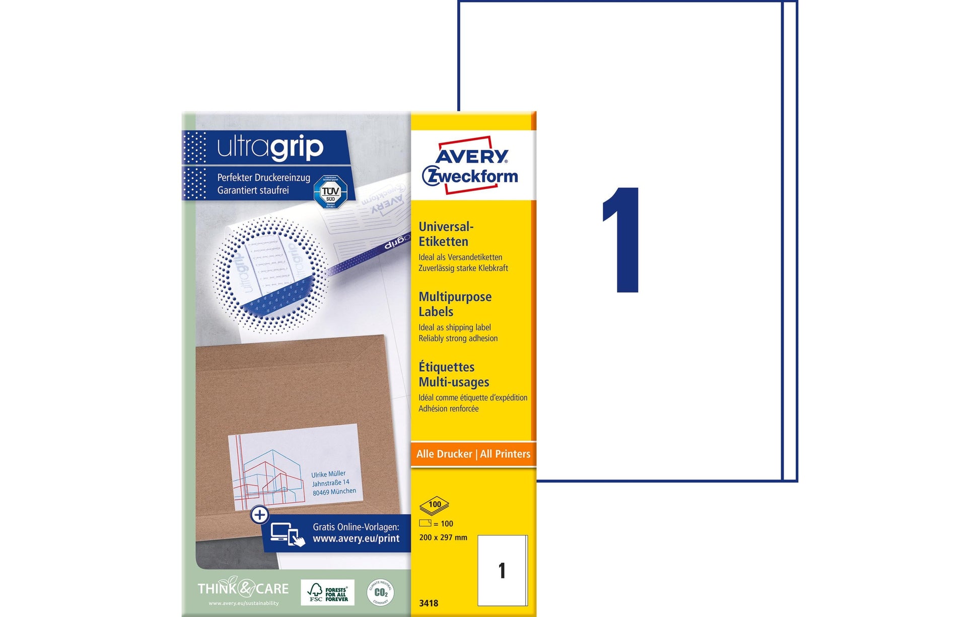 Avery Etiketten auf Bogen, 200 mm × 297 mm, Weiss, Papier, Permanent, 100 Blatt