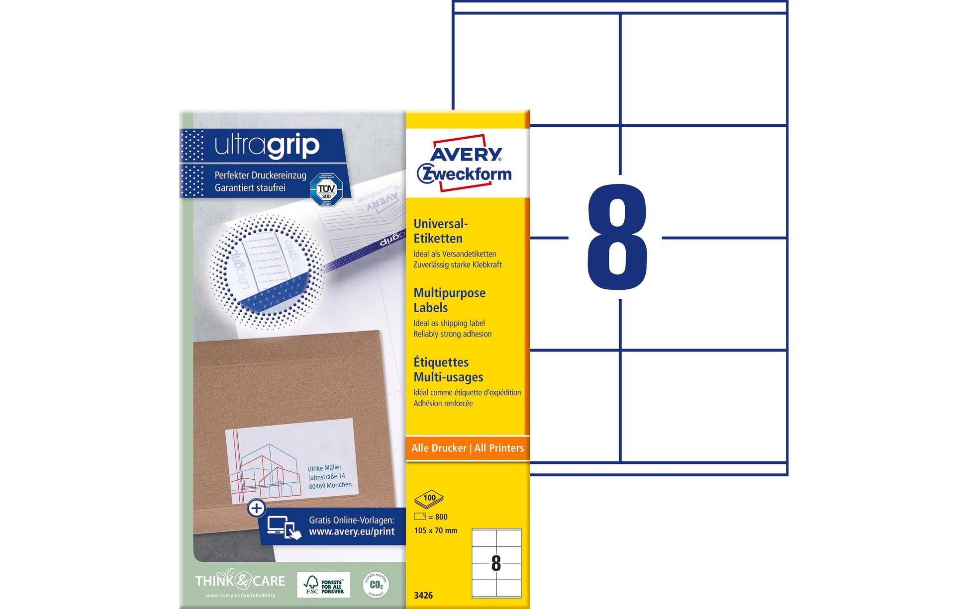 Avery Etiketten, 105 mm × 70 mm, weiss, Papier, permanent, 100 Blatt (800 Etiketten)