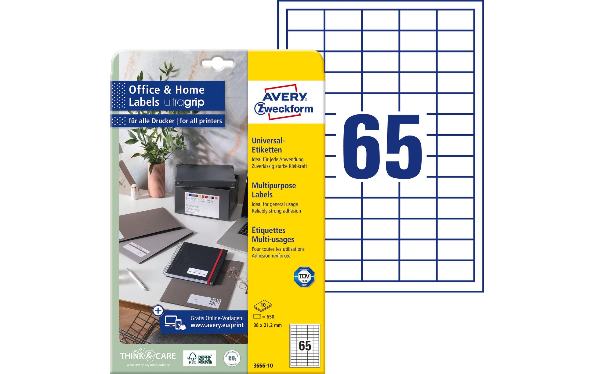 AVERY Zweckform – Etiketten A4 38 × 21,2 mm – weiss – permanent haftend – Laser/Inkjet – 65 pro Blatt