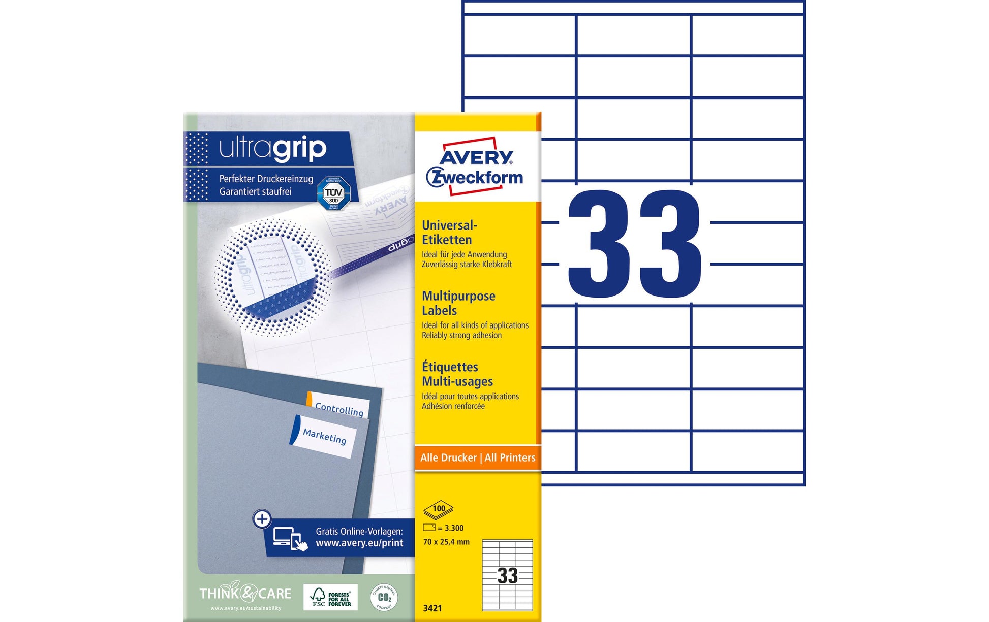 Avery Zweckform – Universal-Etiketten, 70 mm × 25 mm, weiss, Papier, selbstklebend, 3300 Etiketten (100 Blatt)