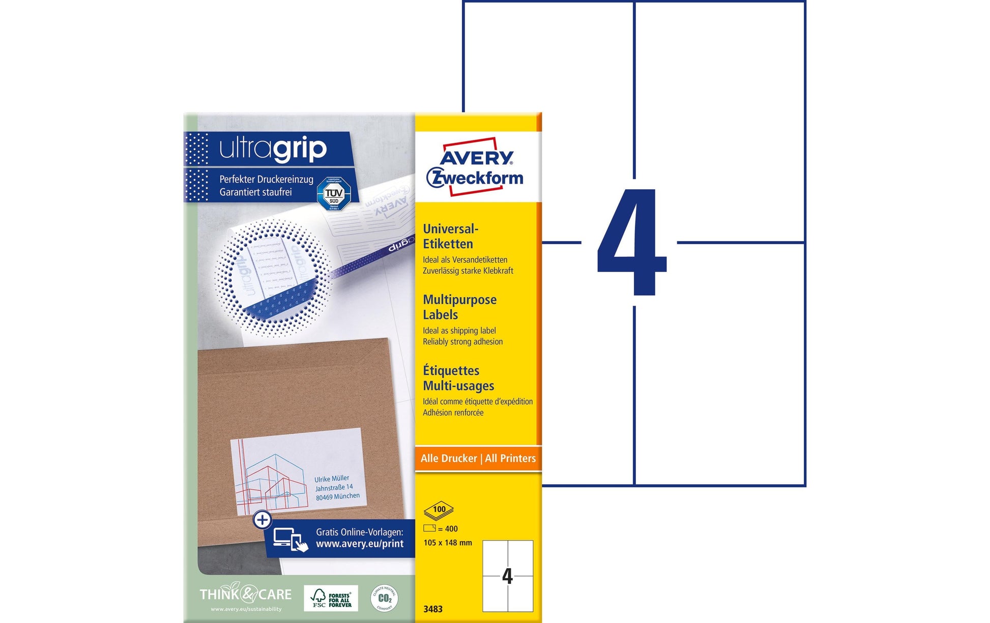 Avery Bogenetiketten, 105 mm × 148 mm, weiss, Papier, permanent, Packung 400 Etiketten (100 Blatt)