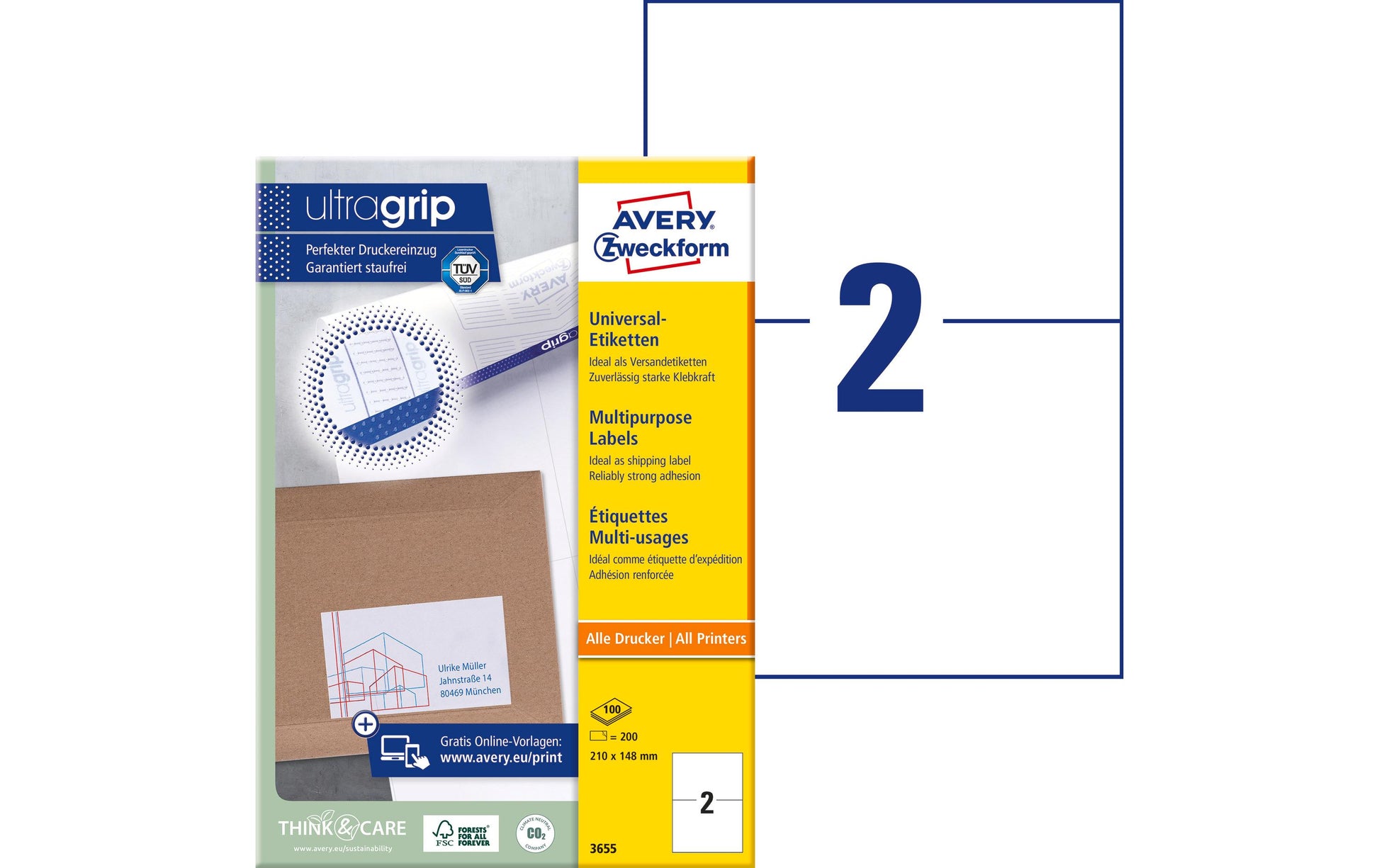 Avery Blattetiketten, 210 mm × 148 mm, weiss, Papier, permanent, 100 Blatt (200 Etiketten)