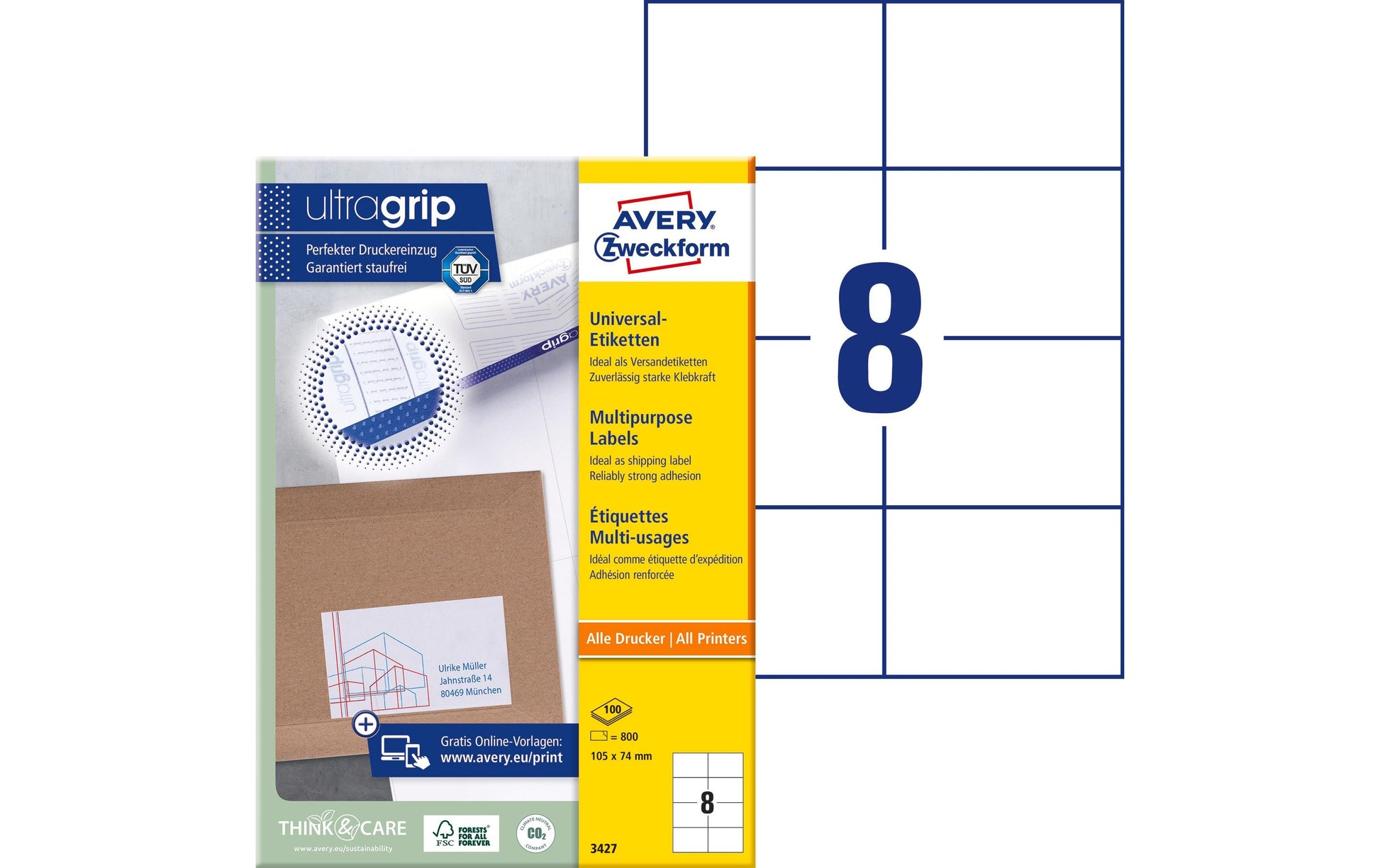Avery Druckeretiketten, 105 mm × 74 mm, weiss, Papier, permanent, 800 Etiketten (100 Blatt)