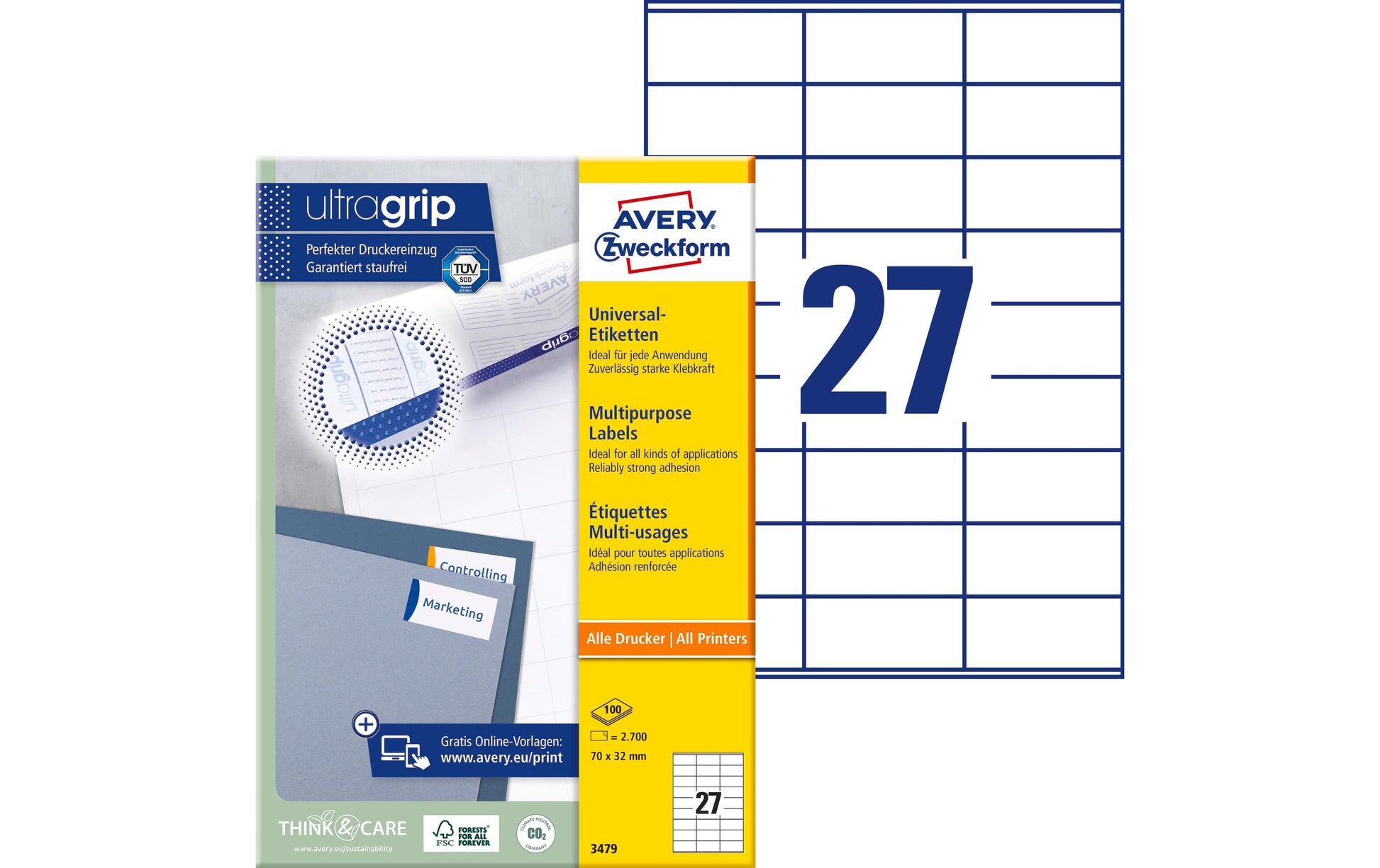 Avery Druckeretiketten, 70 mm × 32 mm, weiss, Papier, permanent, 2700 Etiketten (100 Blatt)