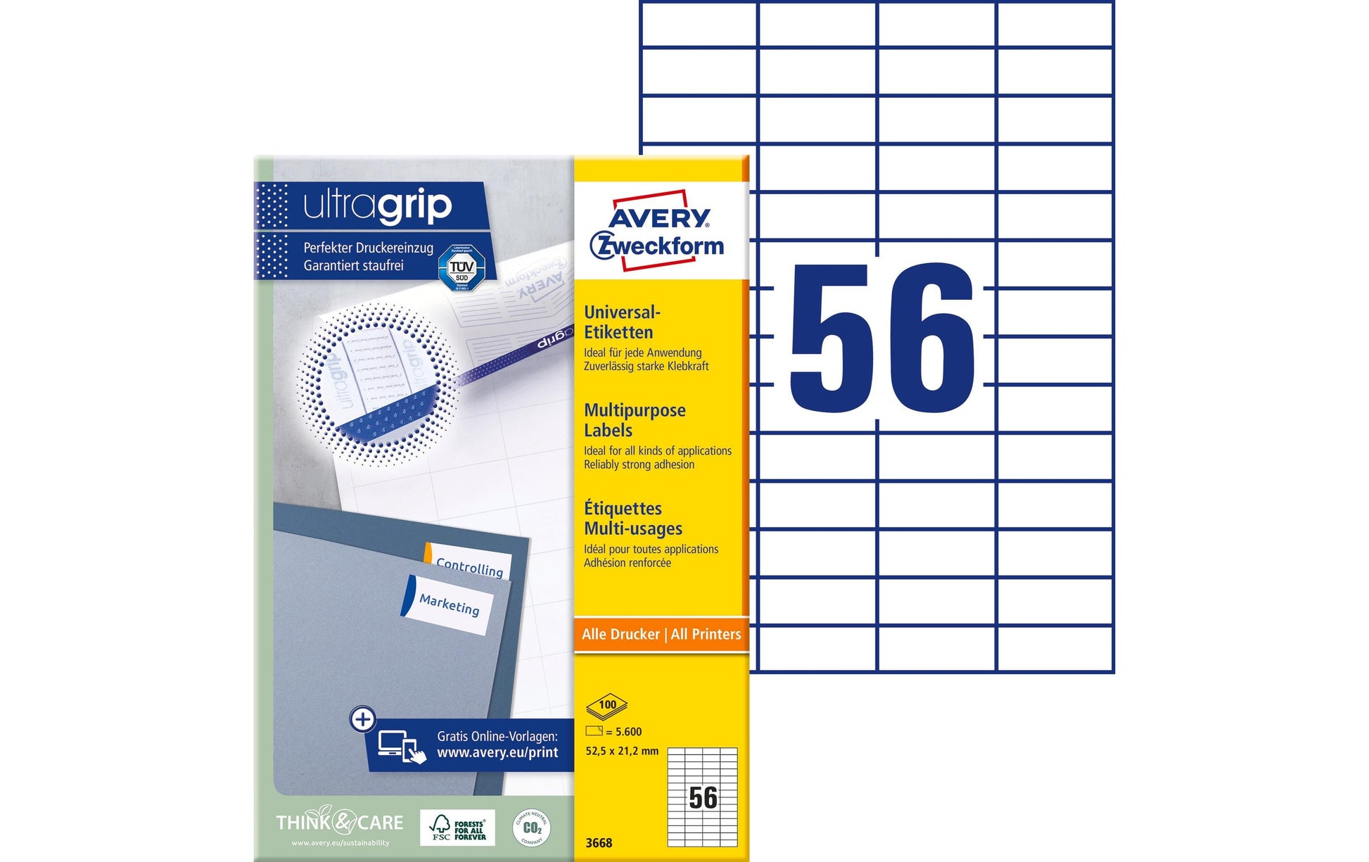 Avery Druckeretiketten, 52,5 mm × 21,2 mm, weiss, Papier, permanent, 100 Blatt