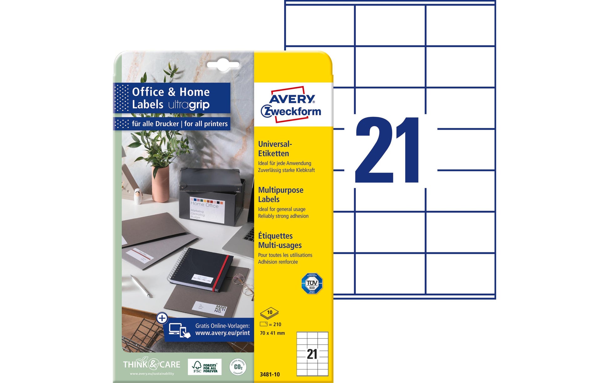Avery Etiketten A4 70 × 41 mm – Papier, weiss – permanent haftend – Laser/Inkjet – 21 pro Blatt, 10 Blätter