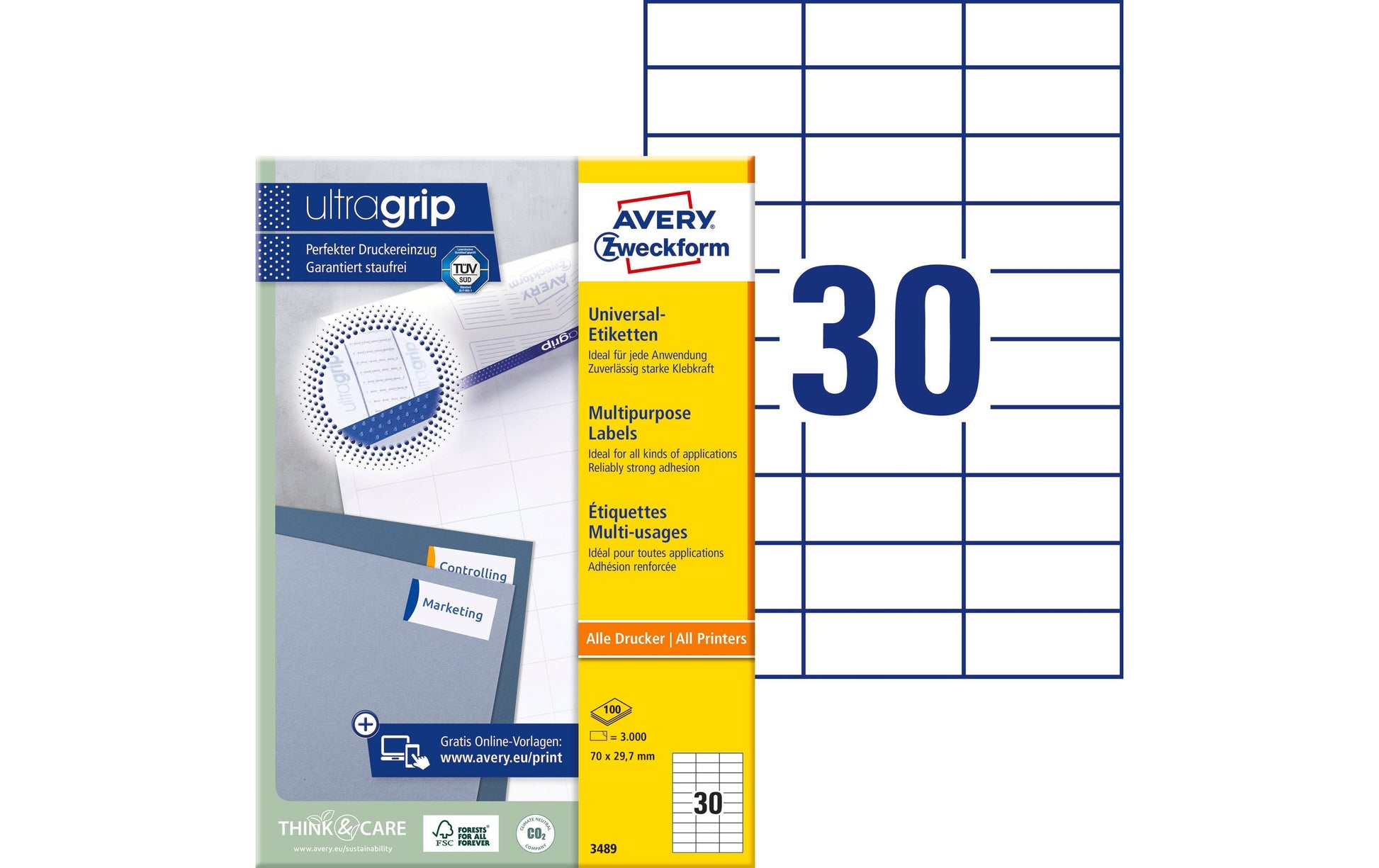 Avery Druckeretiketten, 70 mm × 30 mm, weiss, Papier, permanent, 100 Blatt (3000 Etiketten)