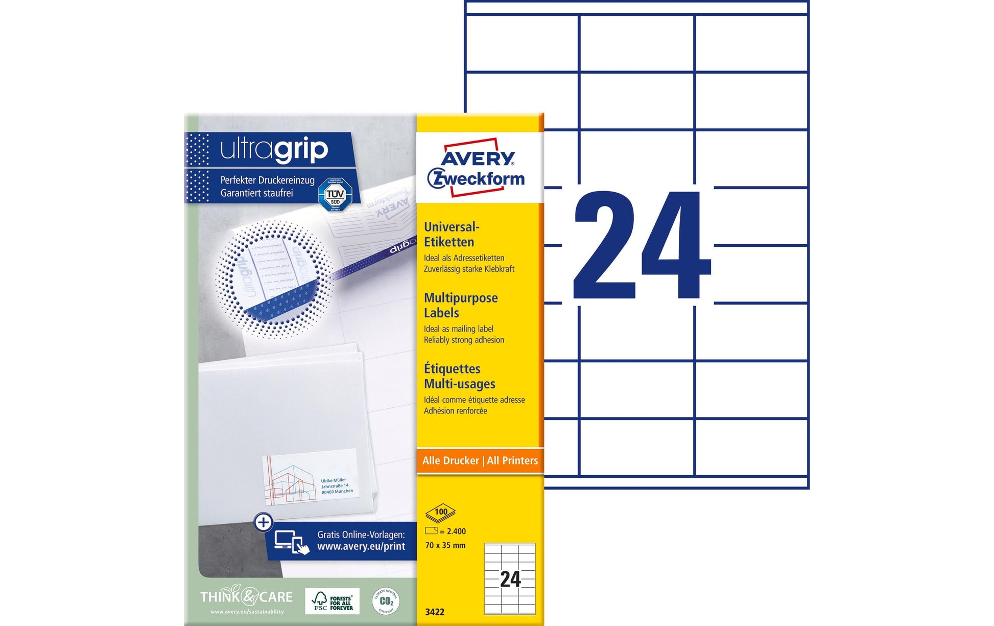 Avery Etiketten, 70 mm × 35 mm, weiss, Papier, permanent, 100 Blatt (2400 Etiketten)