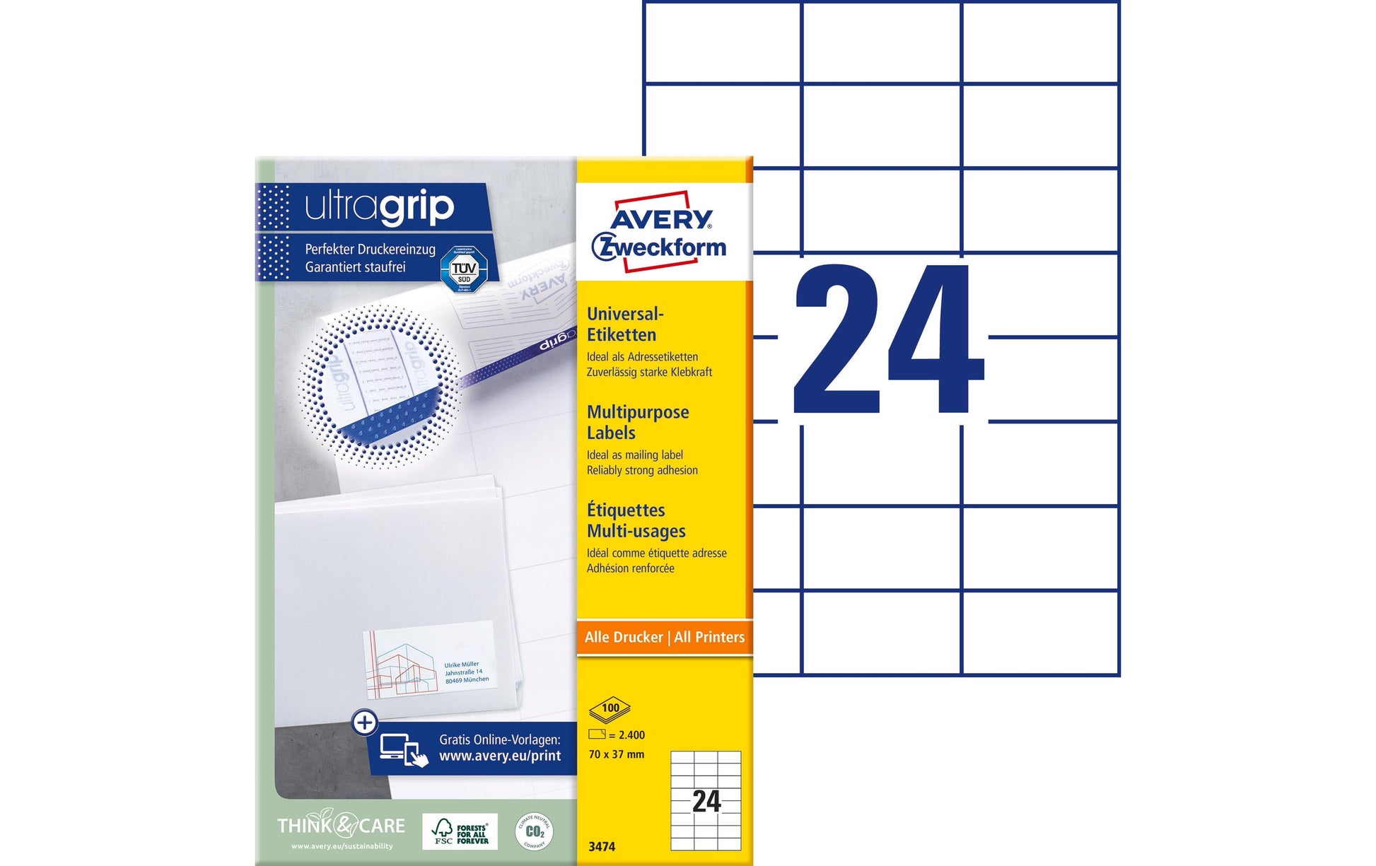 Avery Druckeretiketten, 70 mm × 37 mm, weiss, Papier, permanent, 100 Blätter (2400 Etiketten)