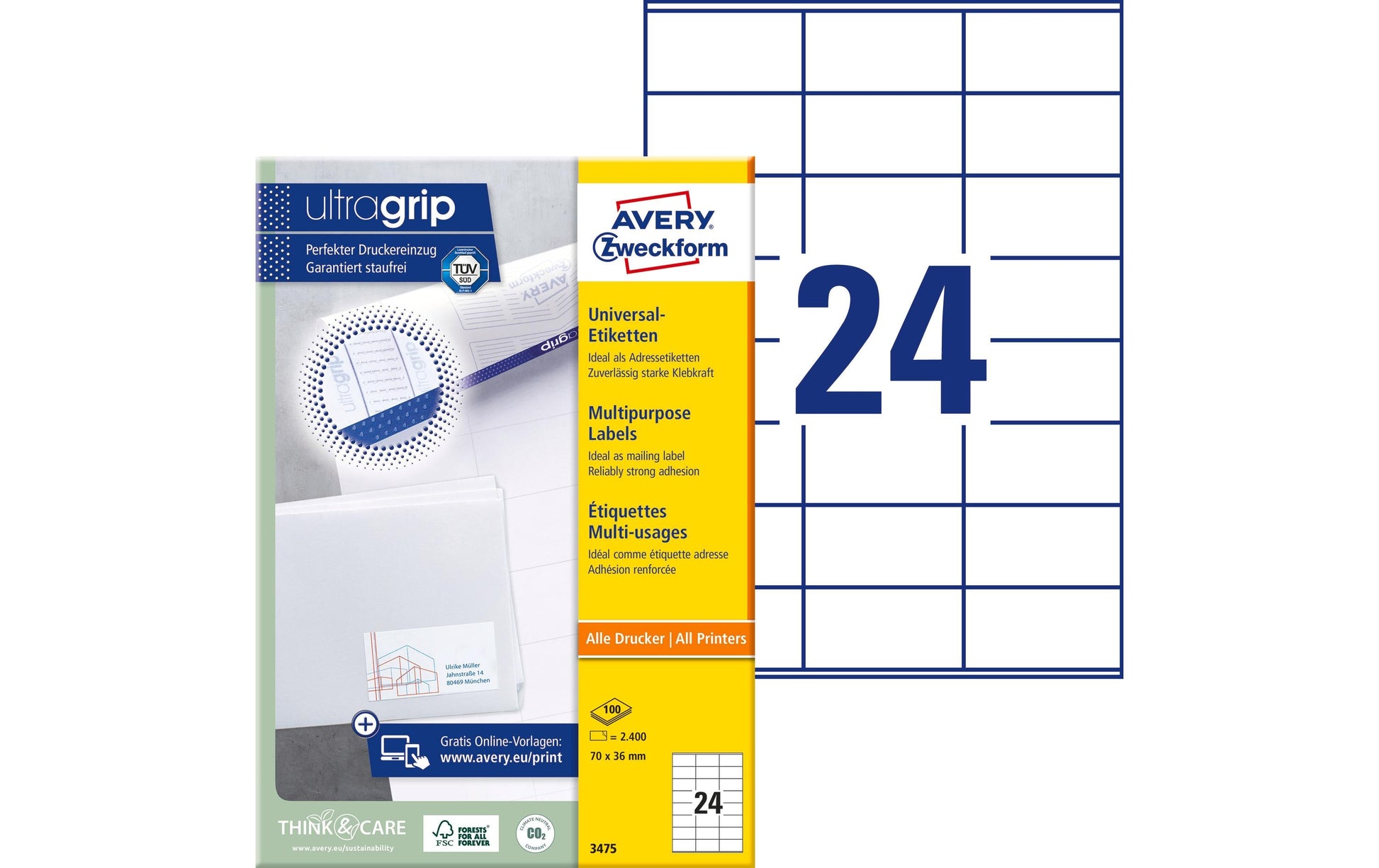 Avery Zweckform – Haftetiketten, 70 mm × 36 mm, weiss, Papier, selbstklebend, 2400 Etiketten (100 Blatt)