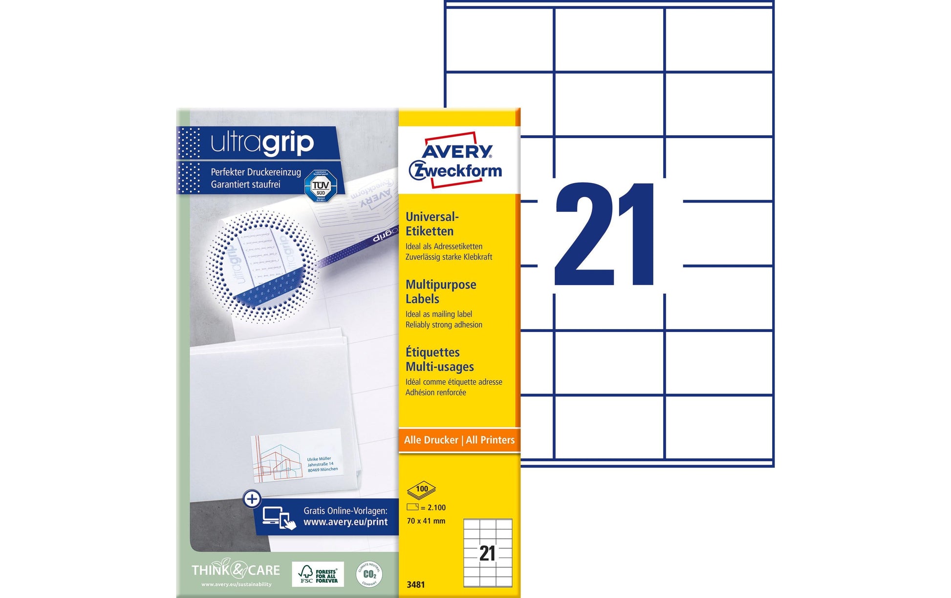 Avery Bogenetiketten, 70 mm × 41 mm, weiss, Papier, permanent, 2100 Etiketten (100 Blätter)