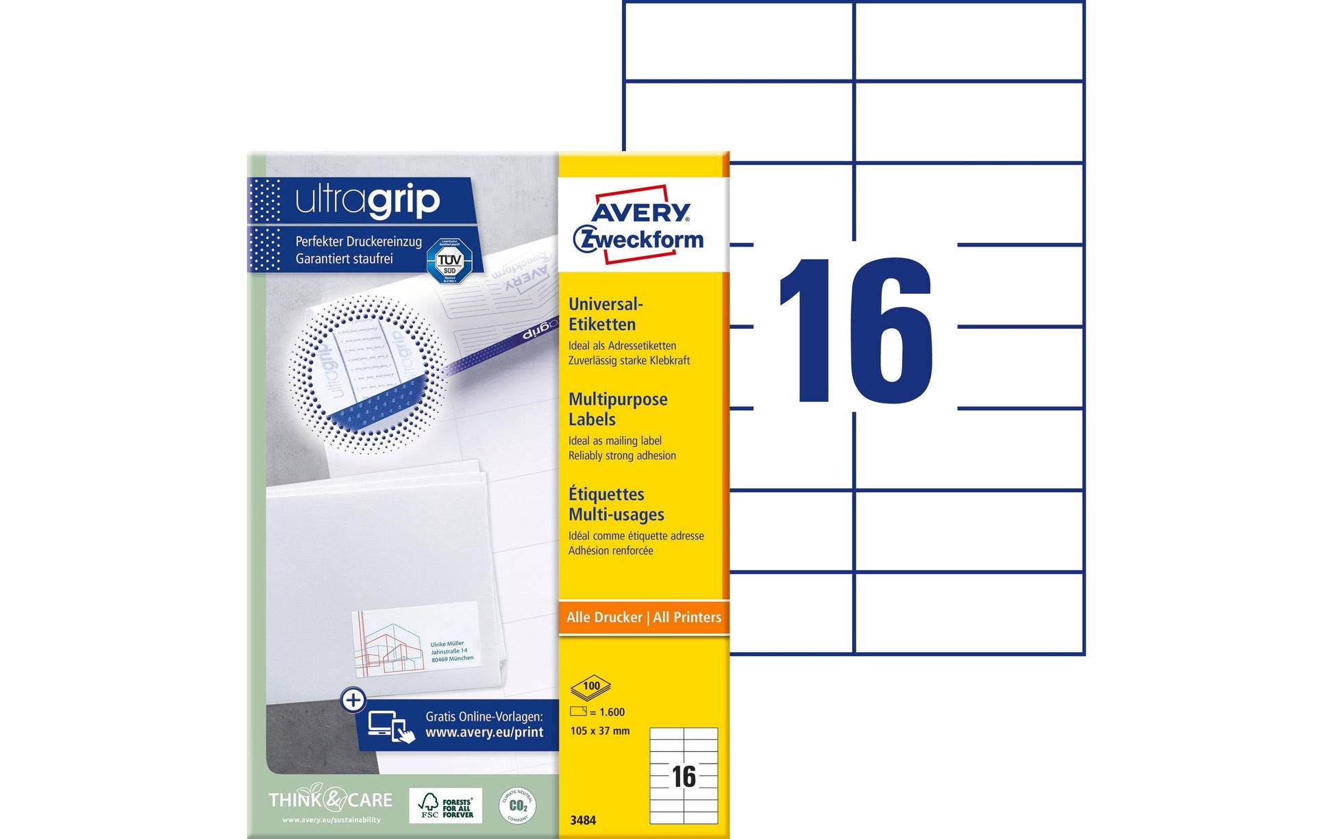Avery Etikettenbogen, 105 mm × 37 mm, weiss, Papier, permanent, 100 Blatt (1600 Etiketten)
