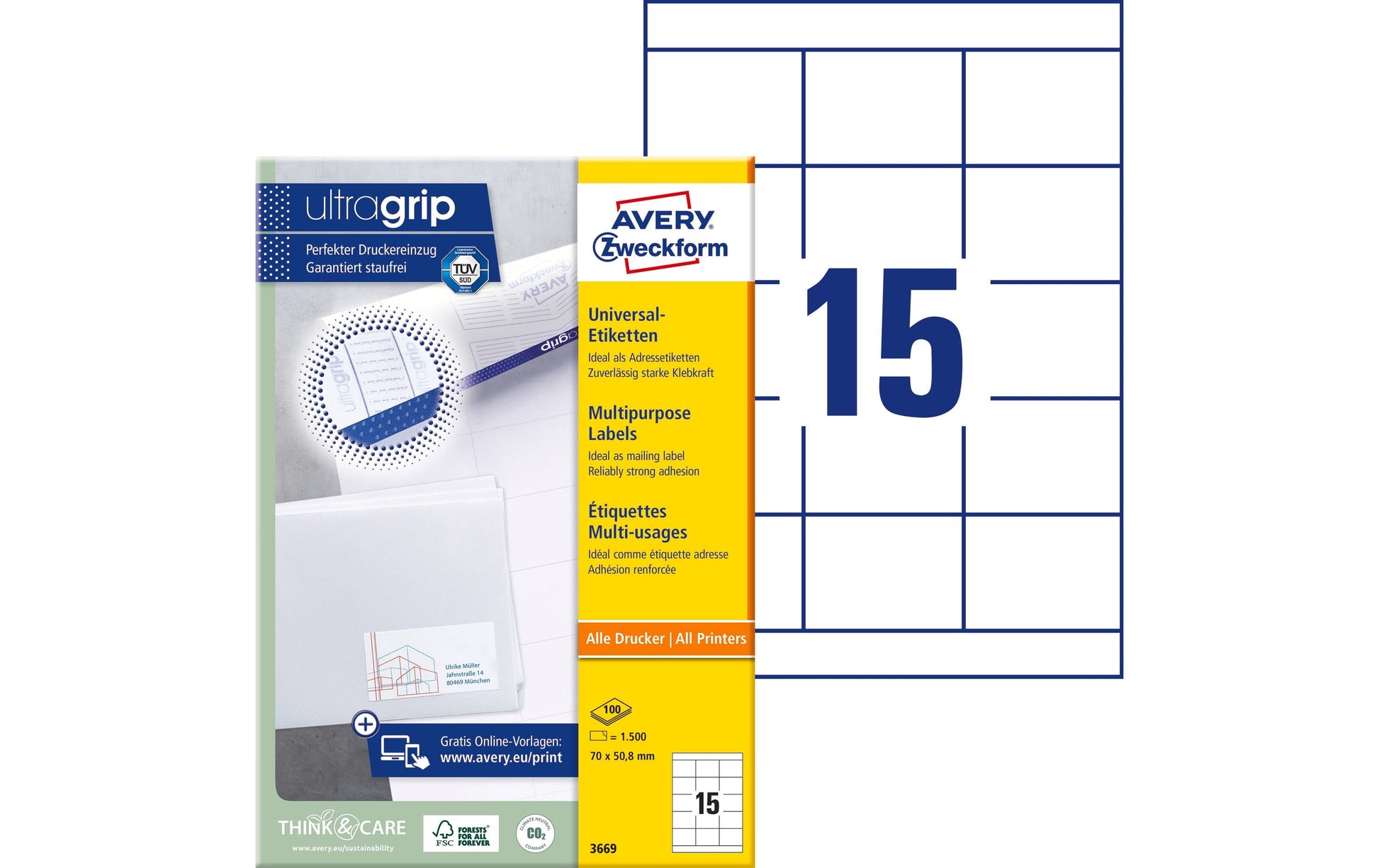 Avery Druckeretiketten, 70 mm × 51 mm, weiss, Papier, permanent, 1500 Etiketten (100 Blatt)