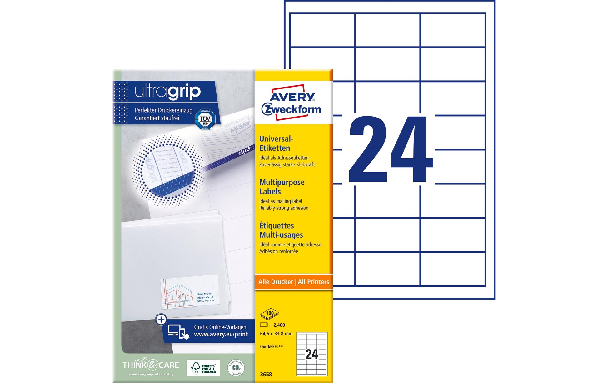 Avery Druckeretiketten, 65 mm × 34 mm, weiss, Papier, permanent, Packung 100 Blatt (2400 Etiketten)