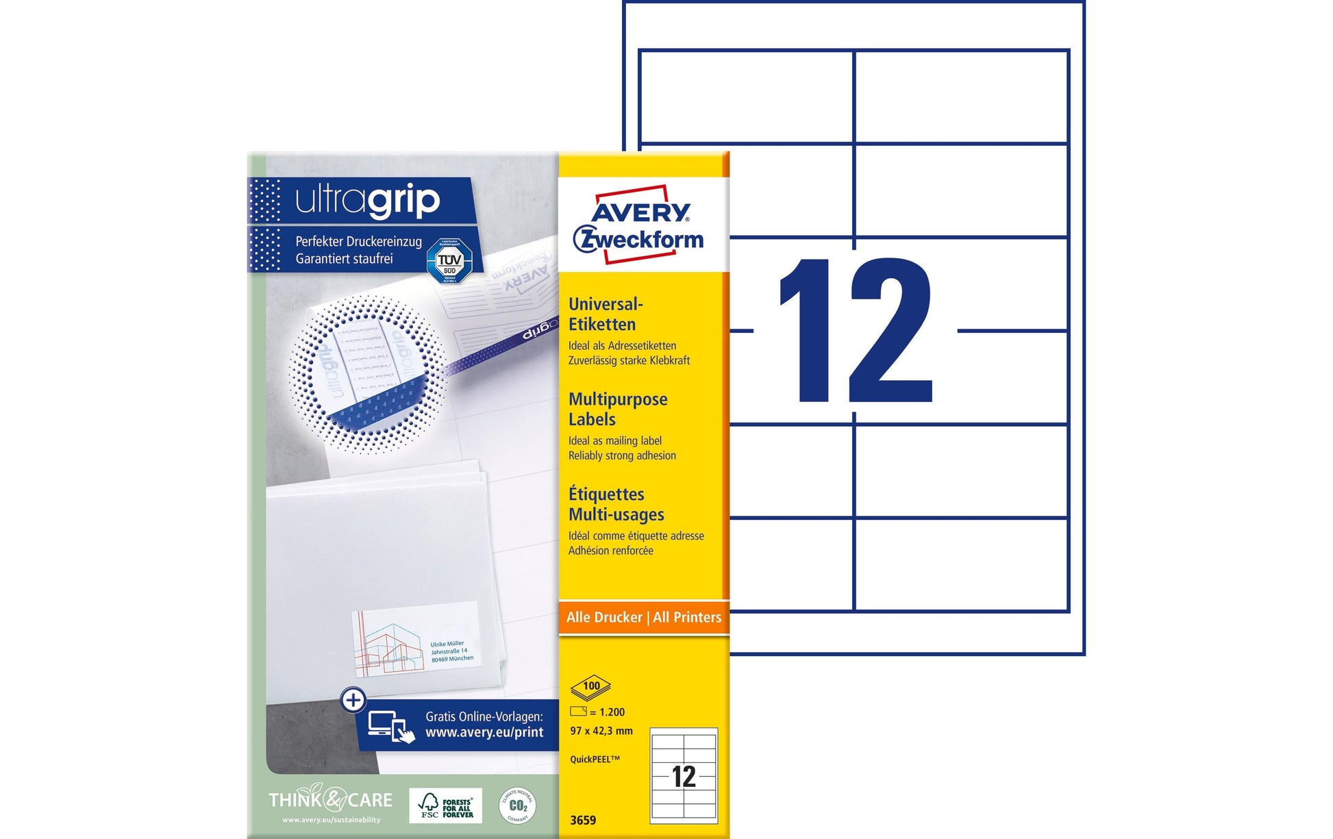 Avery Druckeretiketten, 97 mm × 42 mm, weiss, Papier, permanent, 1200 Etiketten (100 Blatt)