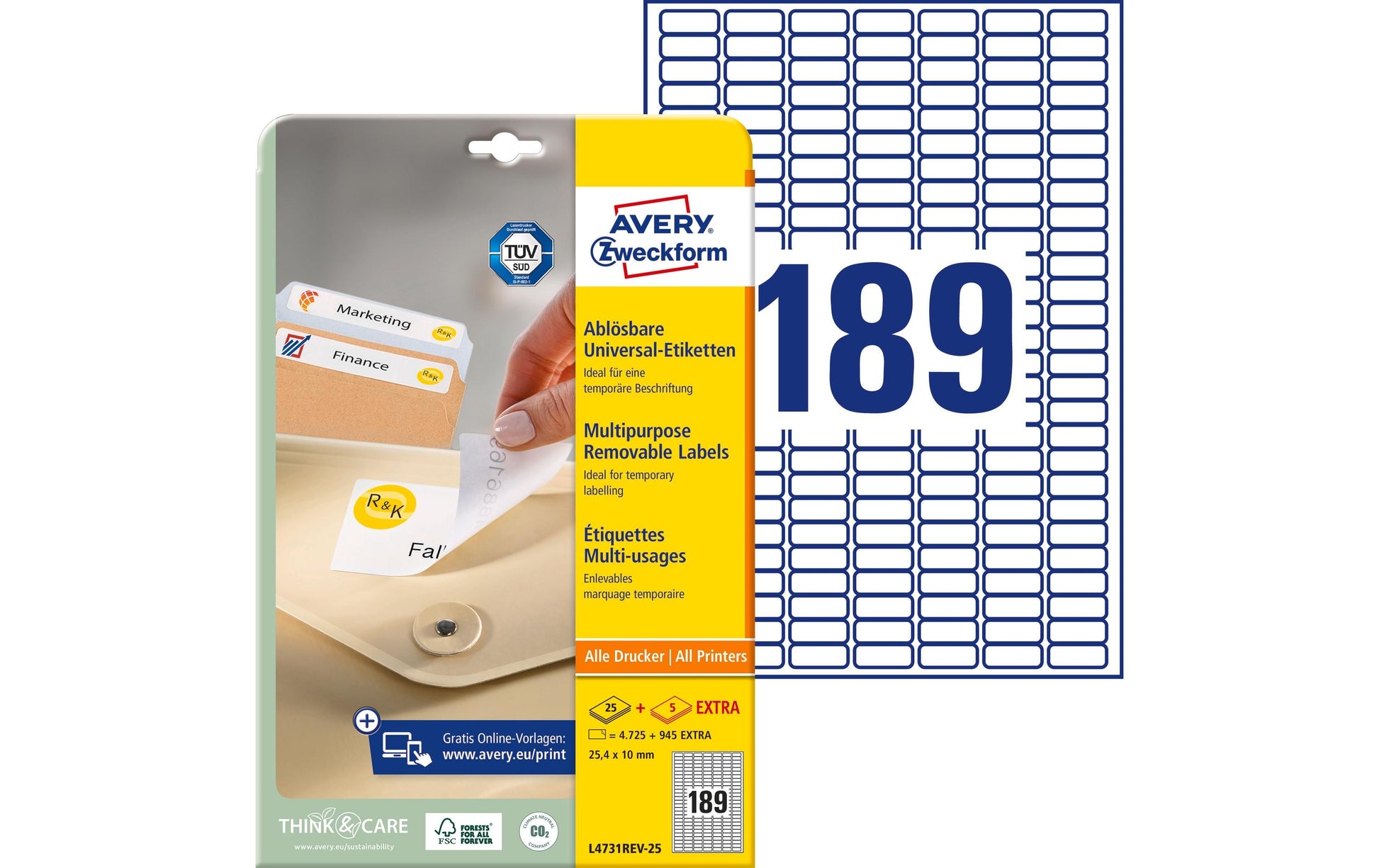 Avery Drucketiketten, 25 mm × 10 mm, weiss, Papier, wiederablösbar, 30 Blatt (5670 Etiketten)