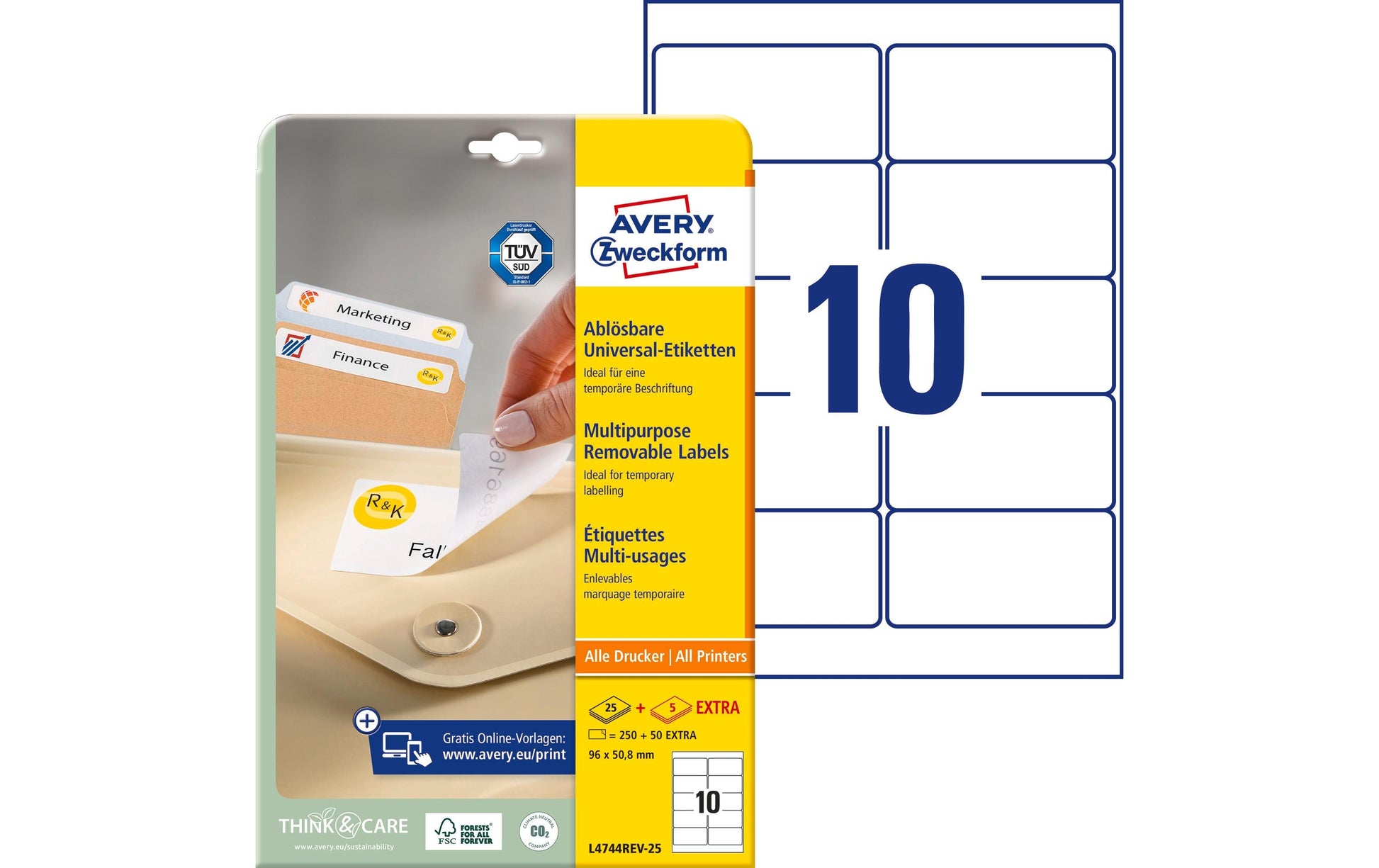 Avery Druckeretiketten, 96 mm × 51 mm, weiss, Papier, wiederablösbar, 30 Blatt (300 Etiketten)