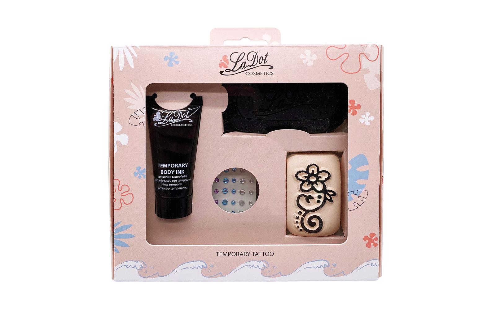 LaDot Tattoo-Stempel-Set – Set 2 – 15 ml Schwarz – inkl. Schablonen & Strasssteine