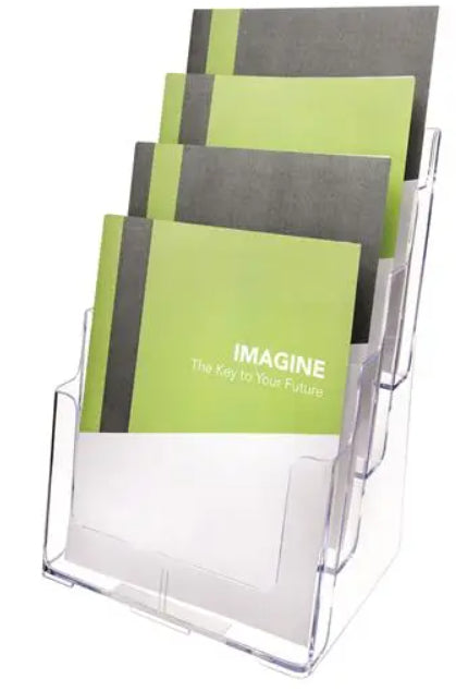 Deflecto Wandprospekthalter – für A4 Hochformat, 4 Fächer, transparent, Polystyrol, 245 × 175 × 345 mm