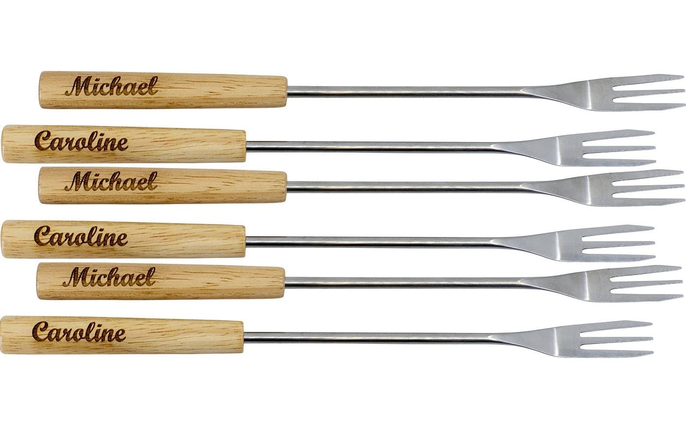 Kadastar Fonduegabeln – 6er-Set, Edelstahl, Holzgriff, Hellbraun, FSC, für Käsefondue