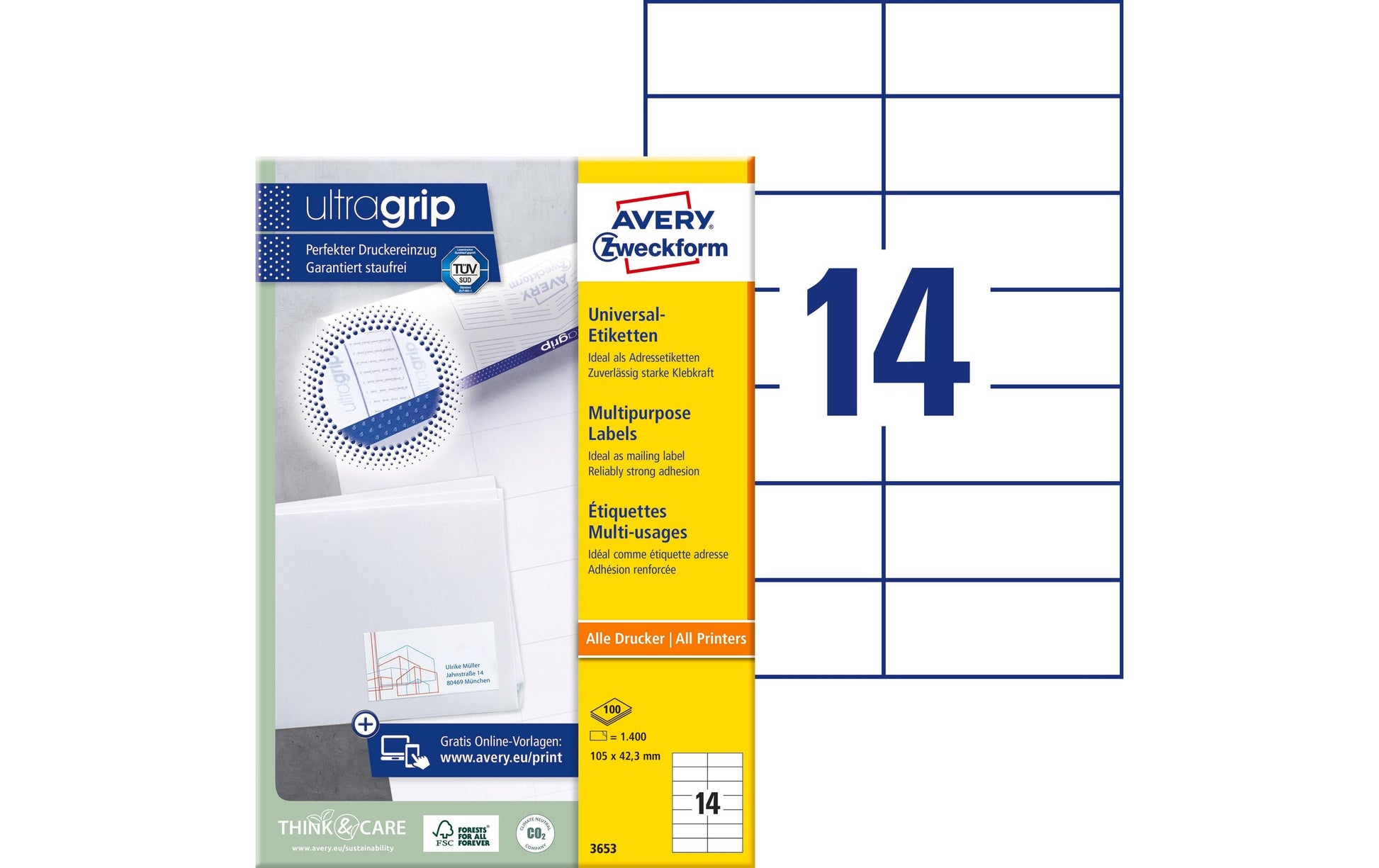 Avery Etiketten, 105 mm × 42 mm, weiss, Papier, permanent, 100 Blatt