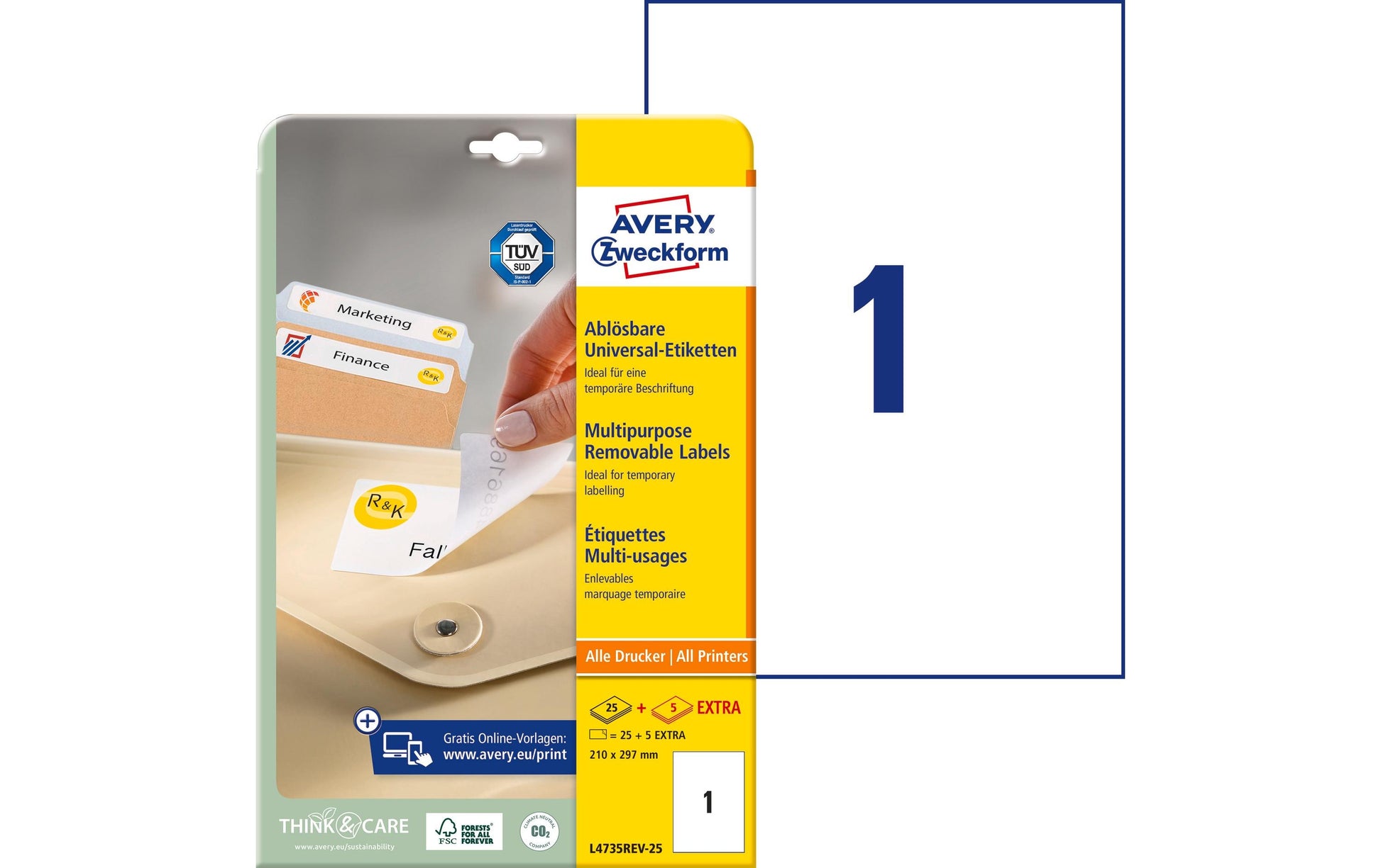 Avery Drucketiketten, 210 mm × 297 mm, weiss, Papier, wiederablösbar, Packung 30 Blatt