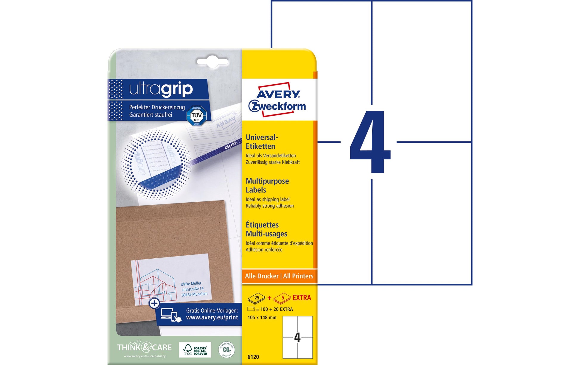 Avery Druckeretiketten, 105 mm × 148 mm, weiss, Papier, permanent, 30 Blätter (120 Etiketten)