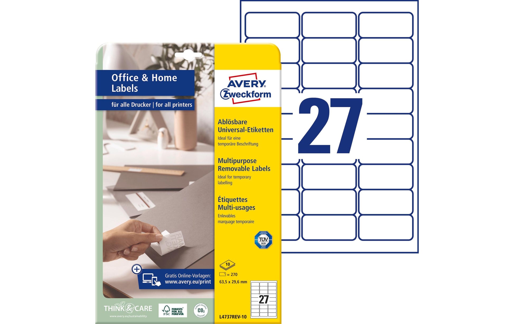 Avery L4737REV-10 – Etiketten A4 64×30 mm – weiss – wiederablösbar – Laser/Inkjet – 27 pro Blatt, 10 Blätter