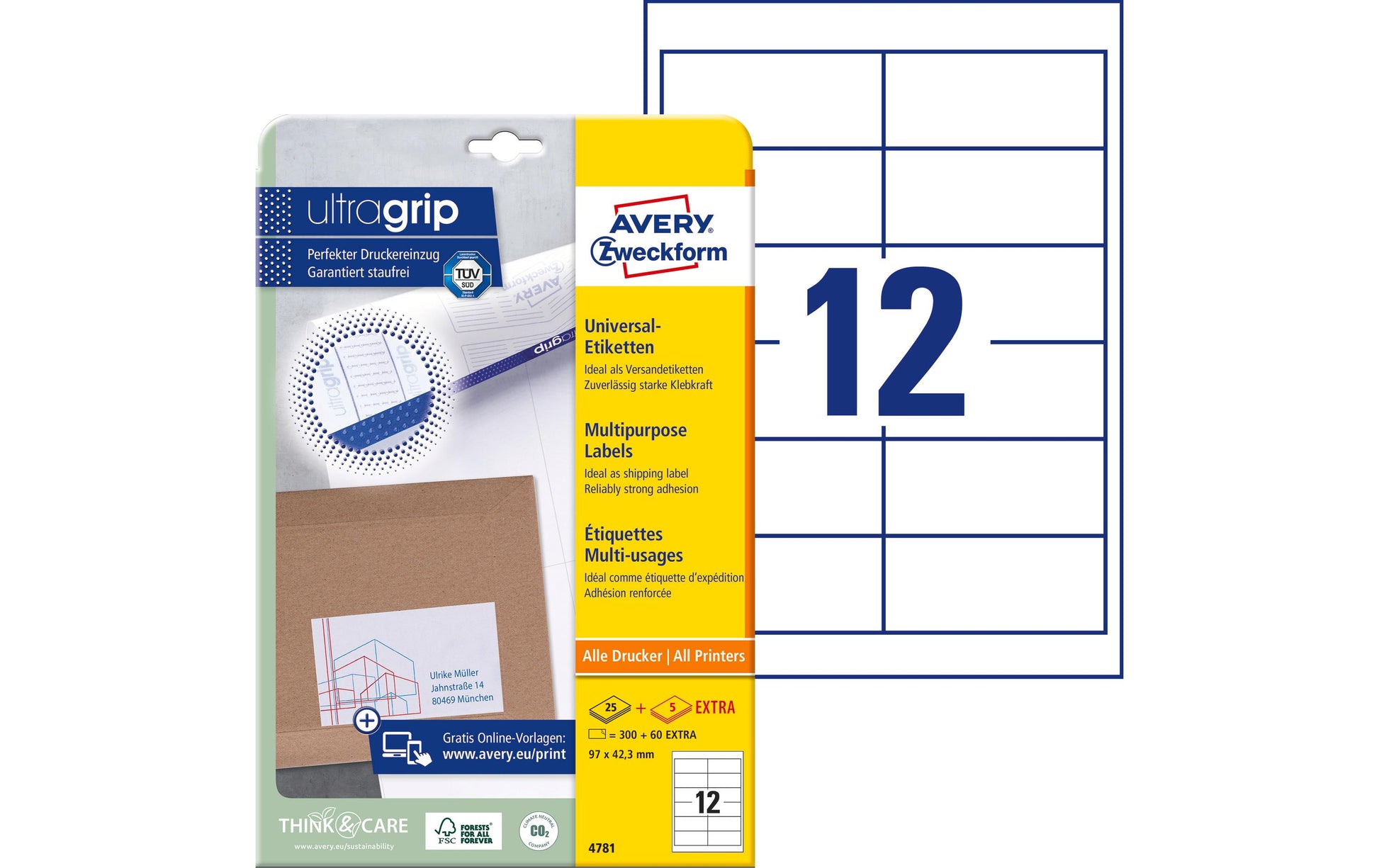 Avery Druckeretiketten, 97 mm × 42,3 mm, weiss, Papier, permanent, 360 Etiketten (30 Blatt)