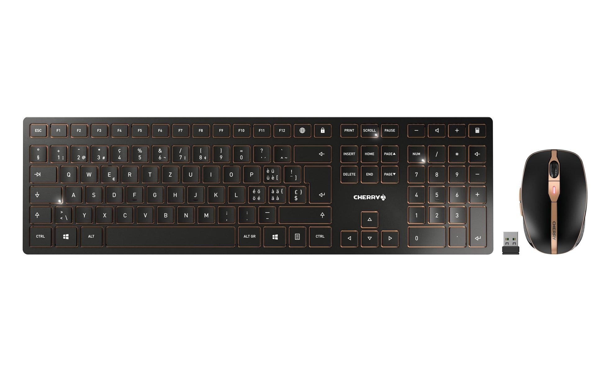 CHERRY Desktop DW 9100 SLIM – Tastatur, kabellos (Bluetooth), CH-Layout (DE-CH), aufladbar, Schwarz/Kupfer