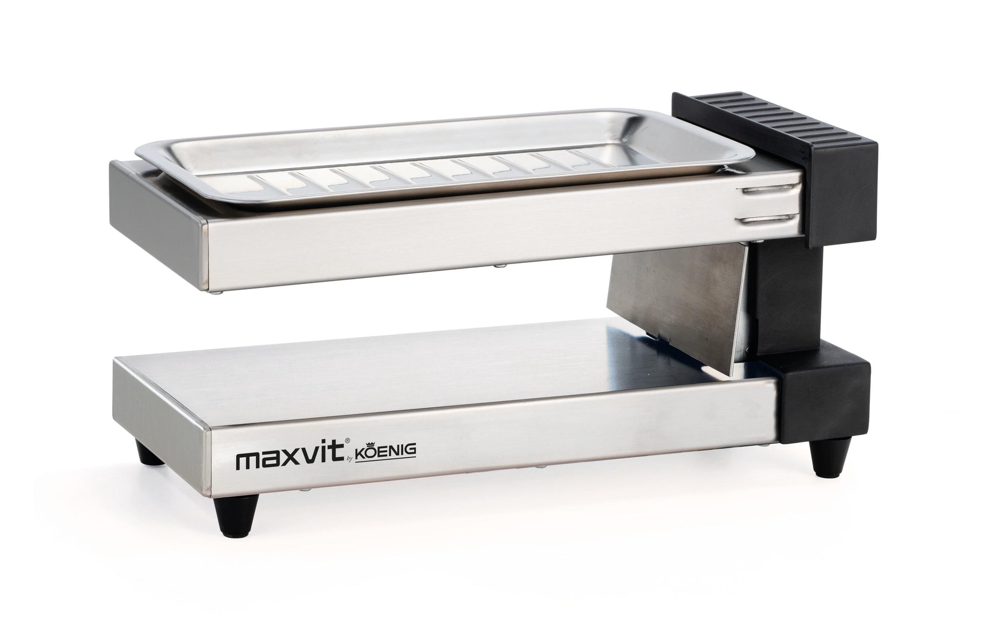 Koenig Tellerraclette Maxvit B02245 – 2 Personen, Druckguss-Grillplatte, 350 W – Schwarz/Edelstahl