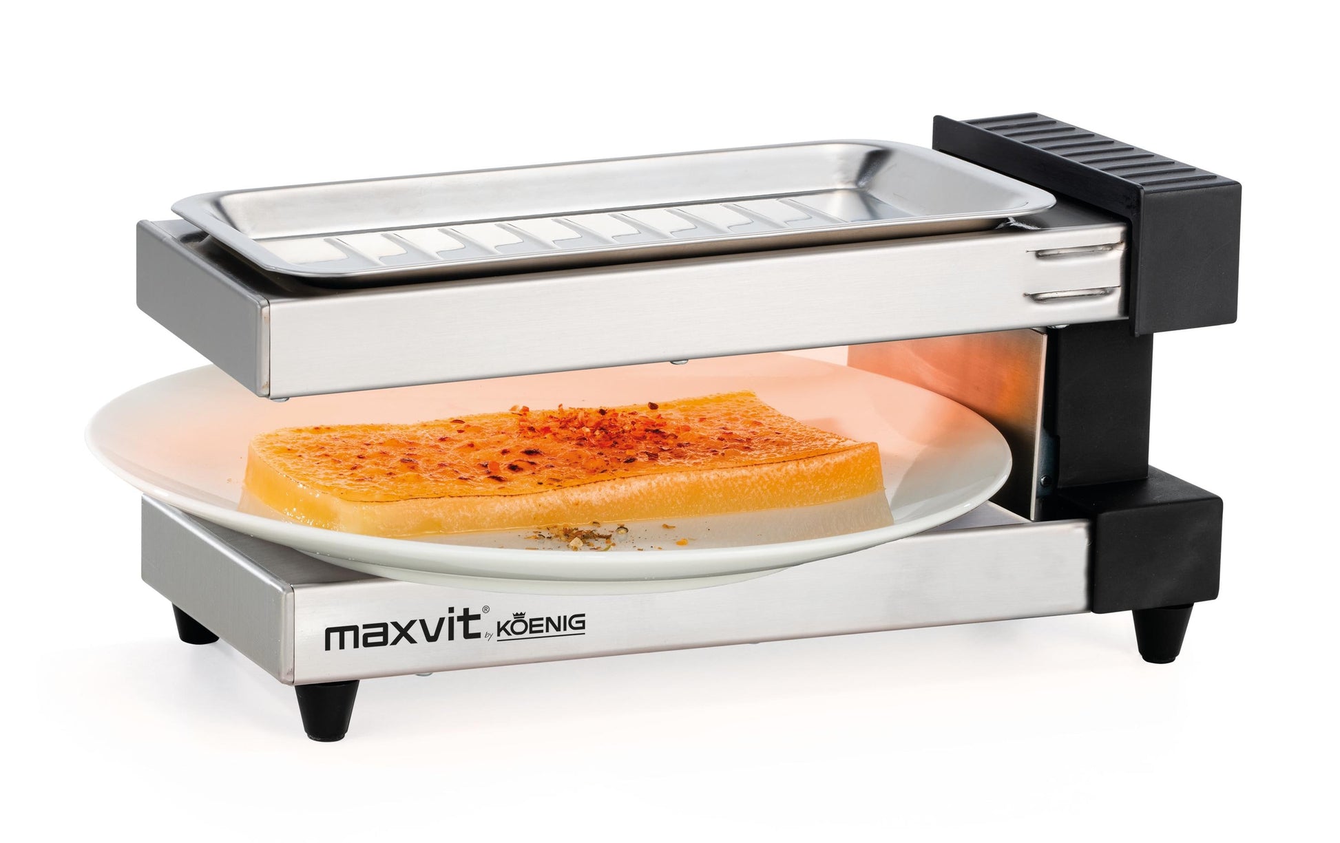 Koenig Tellerraclette Maxvit B02245 – 2 Personen, Druckguss-Grillplatte, 350 W – Schwarz/Edelstahl