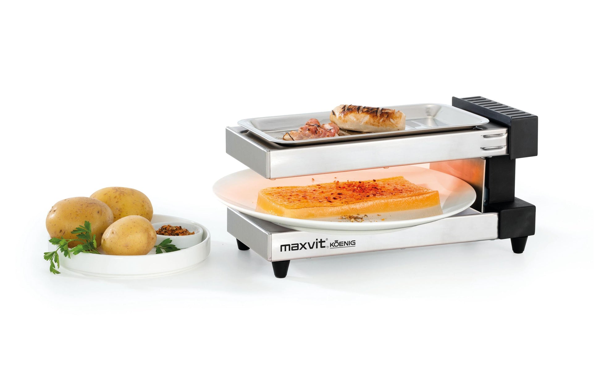 Koenig Tellerraclette Maxvit B02245 – 2 Personen, Druckguss-Grillplatte, 350 W – Schwarz/Edelstahl