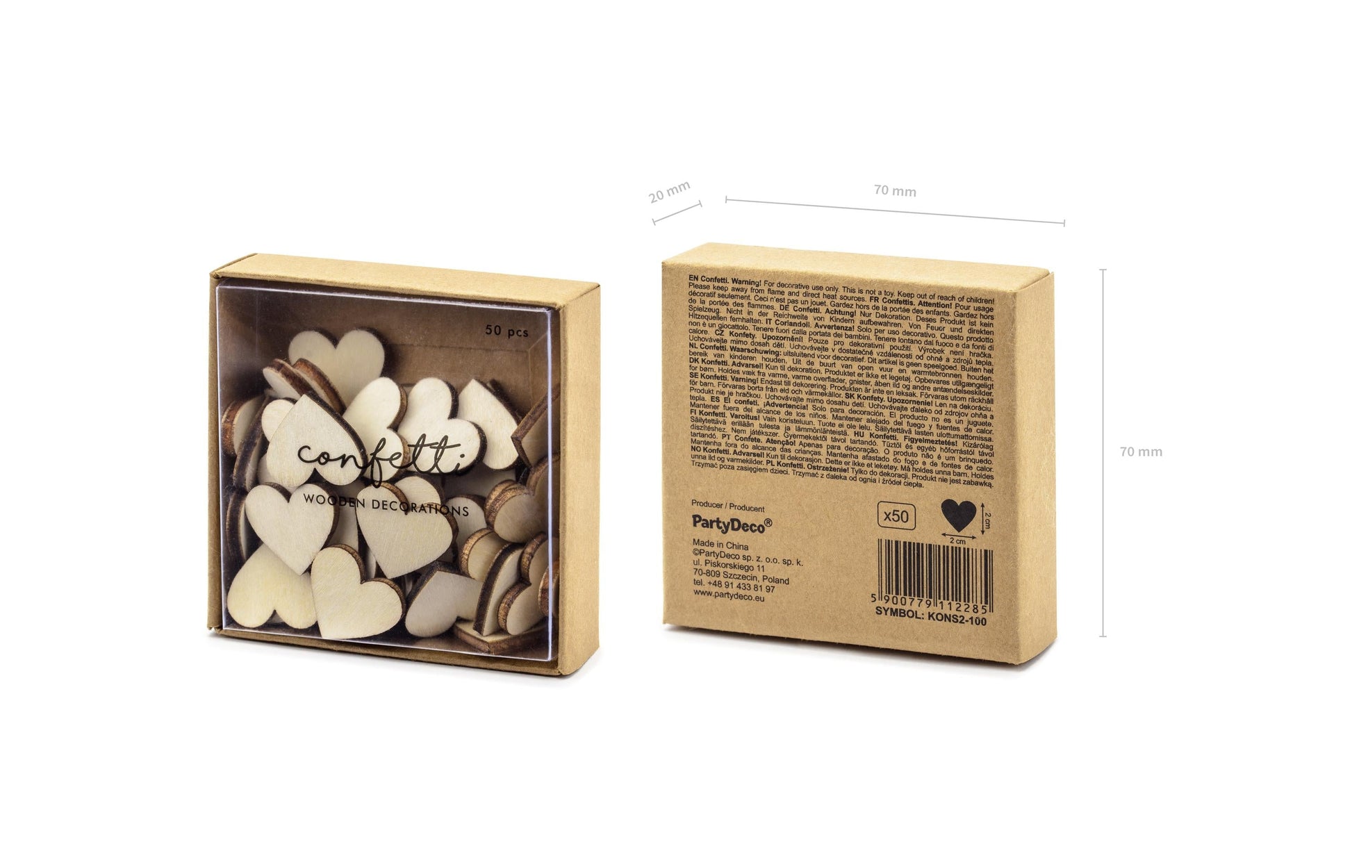 PartyDeco Streudeko Herz Hochzeit – Braun – 2 × 2 cm – Holz – 50 Stk