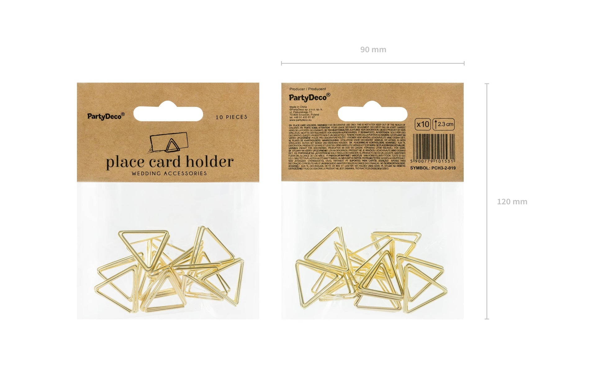 PartyDeco Tischkartenhalter Triangel Hochzeit – Gold – 9 × 12 cm – 10 Stk